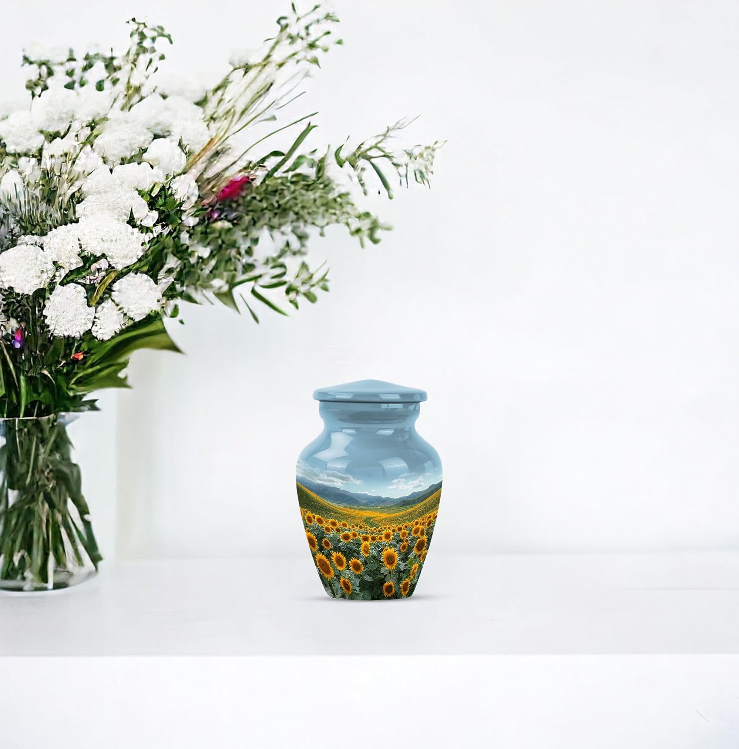 Sunflower Design Cremation Urn, 3 Inch Ceramic Gray Urn for Ashes
