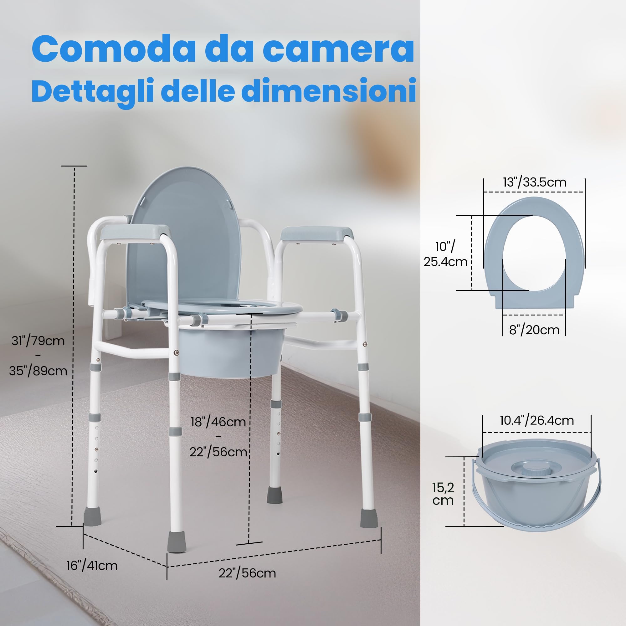 Careboda Sedia portatile per anziani con sedile extra largo, WC, 5 altezze regolabili, 158,8 kg supporto, secchio 7,5 qt