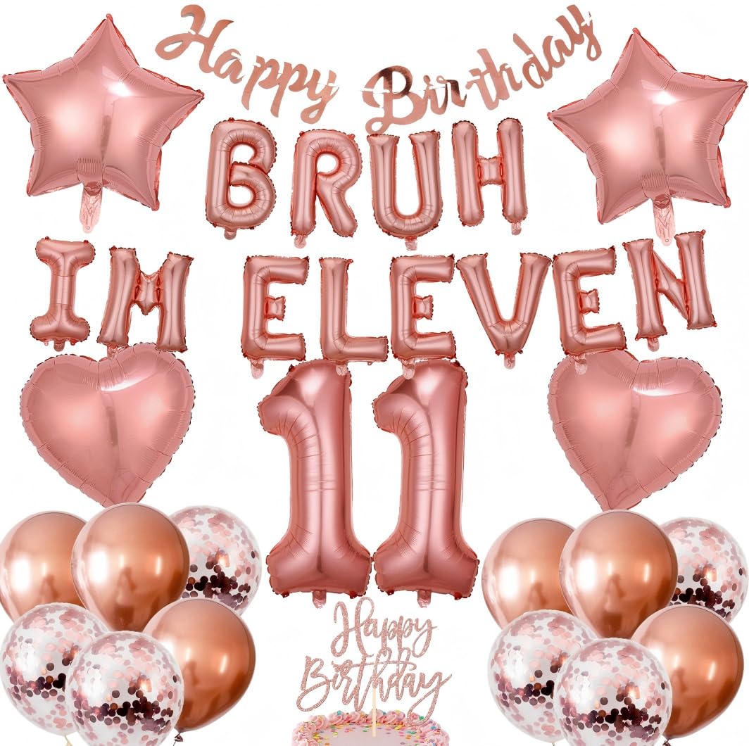 PAUBLLON 11th Birthday Decoration Balloon Set - 32 Pcs Rose Gold Bruh I'M 11 Letter Banners Star Foil Balloons Latex Confetti Balloons Cake Topper for 11 Years Old Birthday Party Supplies (Rose Gold)