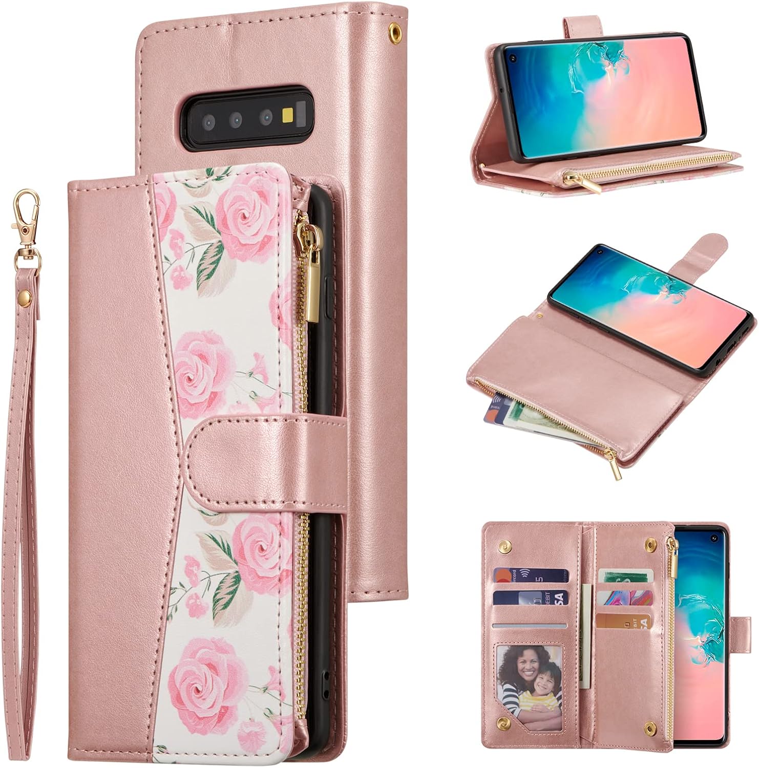 UEEBAI Wallet Case for Samsung Galaxy S10, Premium PU Leather Magnetic Closure Handbag Zipper Pocket Case Kickstand Card Slots with Hand Strap Shockproof Flip Case - Flower Rose Gold