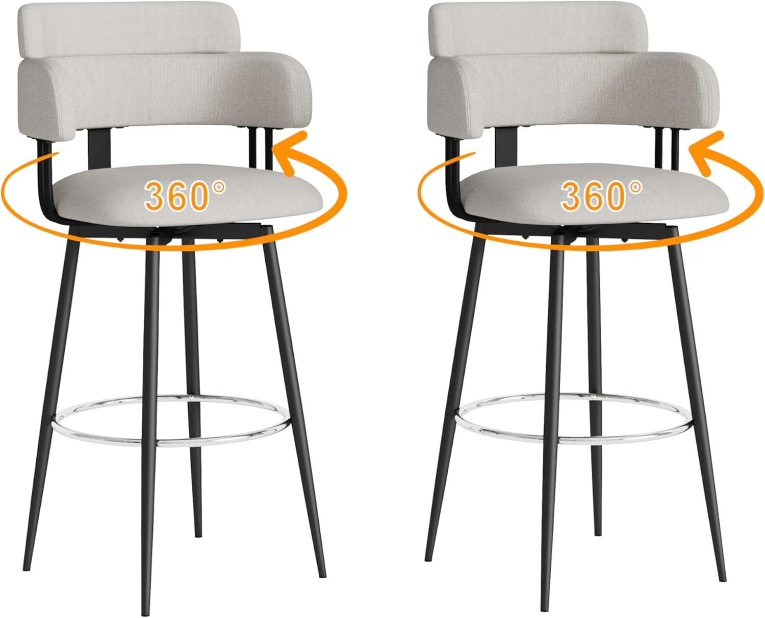 Swivel Bar Stools Set of 2, Ergonomic Backrest, Linen Fabric Upholstered Bar Stools with Chrome Plated Metal Feet for Kitchen Island (Beige, 30 inch)