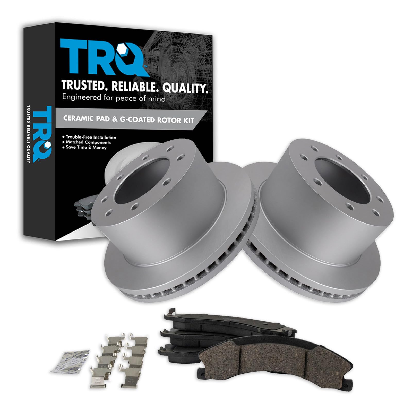 TRQ Rear Brake Pad &amp; Rotor Kit Ceramic Vented Premium G-Coated Compatible with 2011-2019 Chevrolet Silverado 3500 HD GMC Sierra 3500 HD