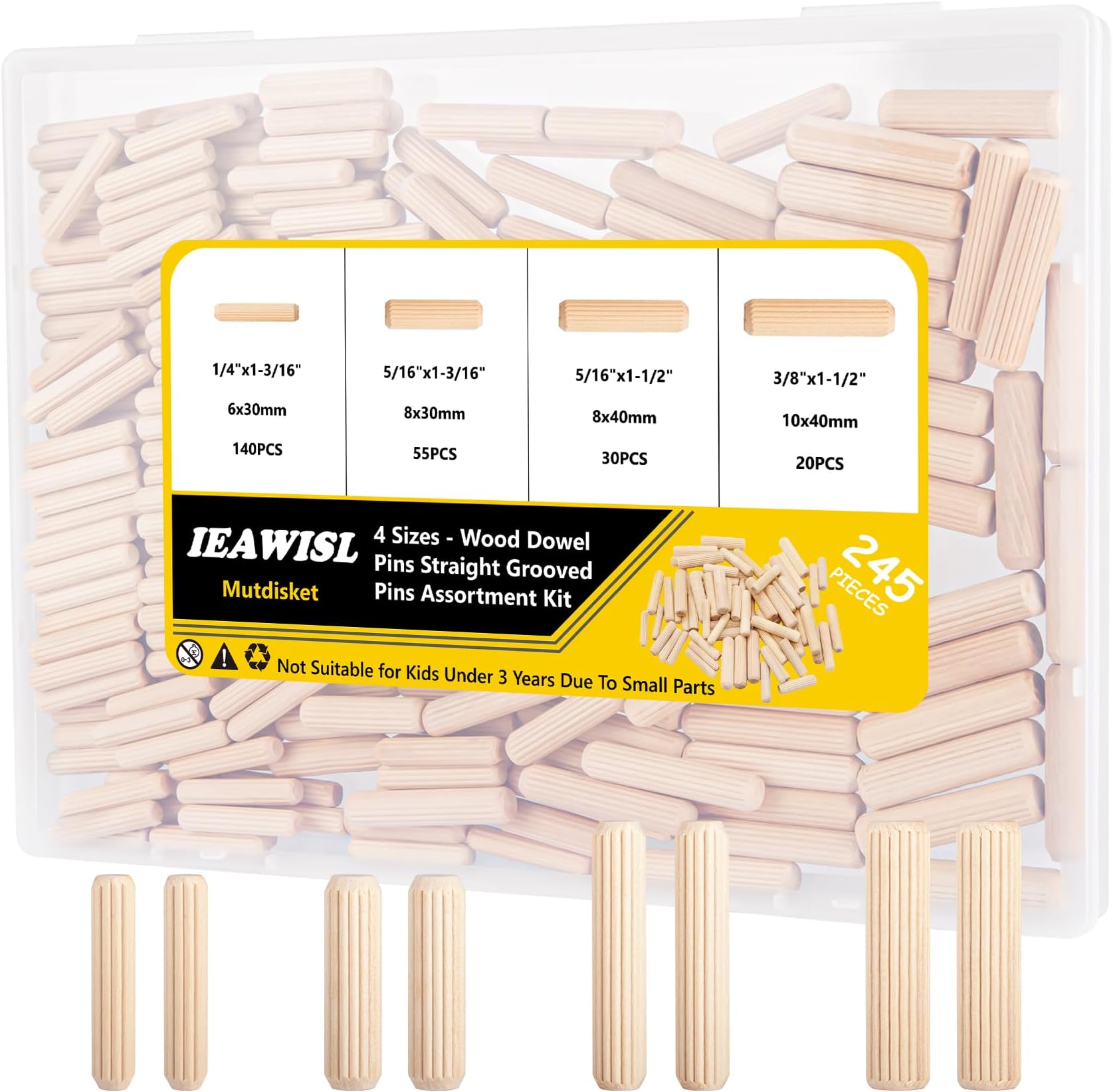 245Pcs Wooden Dowel Pins 6/25inch 5/16inch 3/8inch (6mm, 8mm, 10mm), Fluted Wood Dowels Rods for Crafts, Furniture, DIY Manual