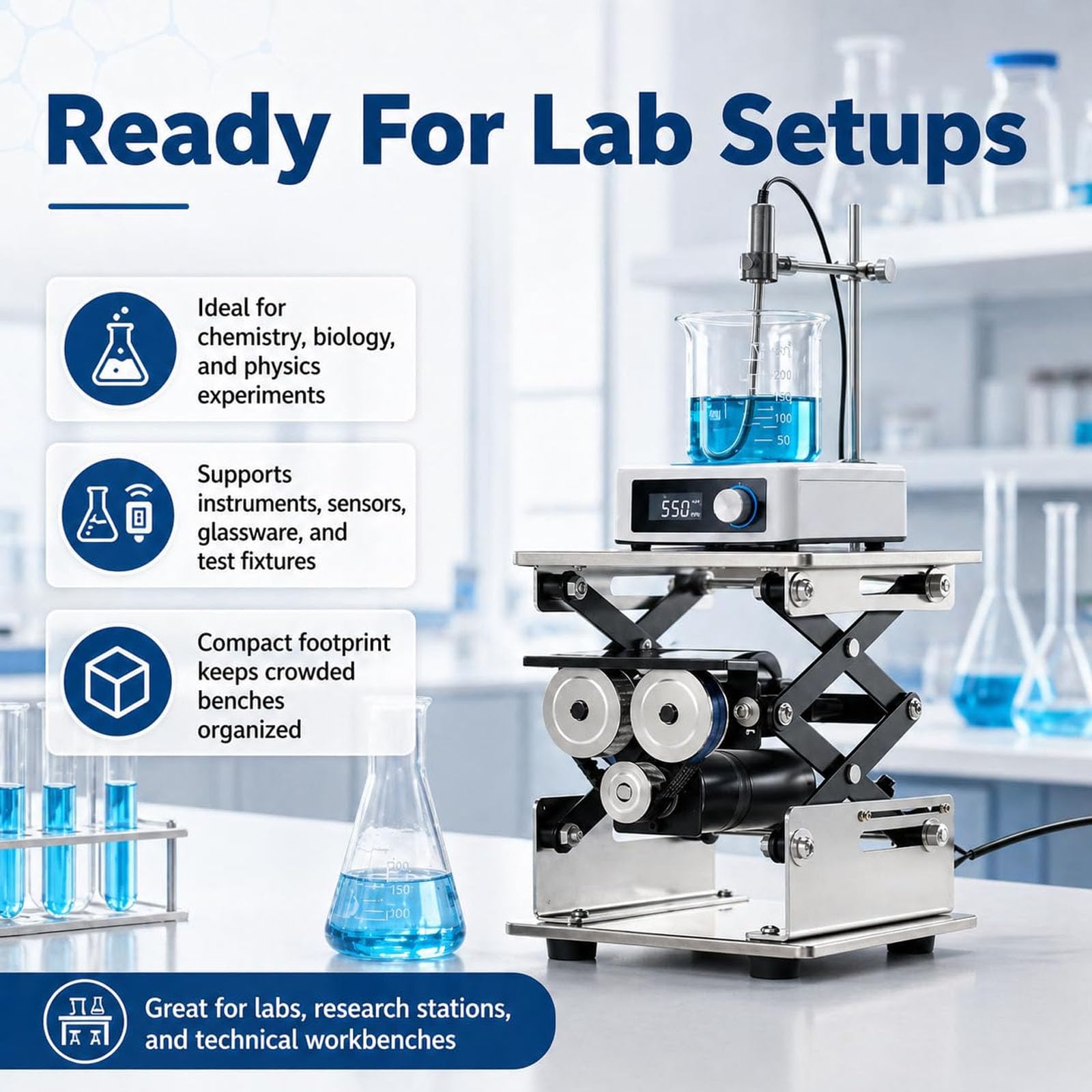 Plataforma elevadora con gato de tijera eléctrico, plataforma elevadora de acero inoxidable, capacidad de carga de 10 kg, altura ajustable, soporte elevador de mesa de laboratorio para labo 200*200mm