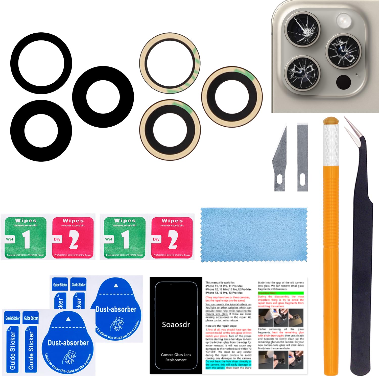 Photo 1 of 2 PCS Soaosdr Original Back Rear Camera Lens Glass Replacement for iPhone 15 Pro Max 6.7 inch with pre-Installed Adhesive+Reparing Toolkit+Installation Manual