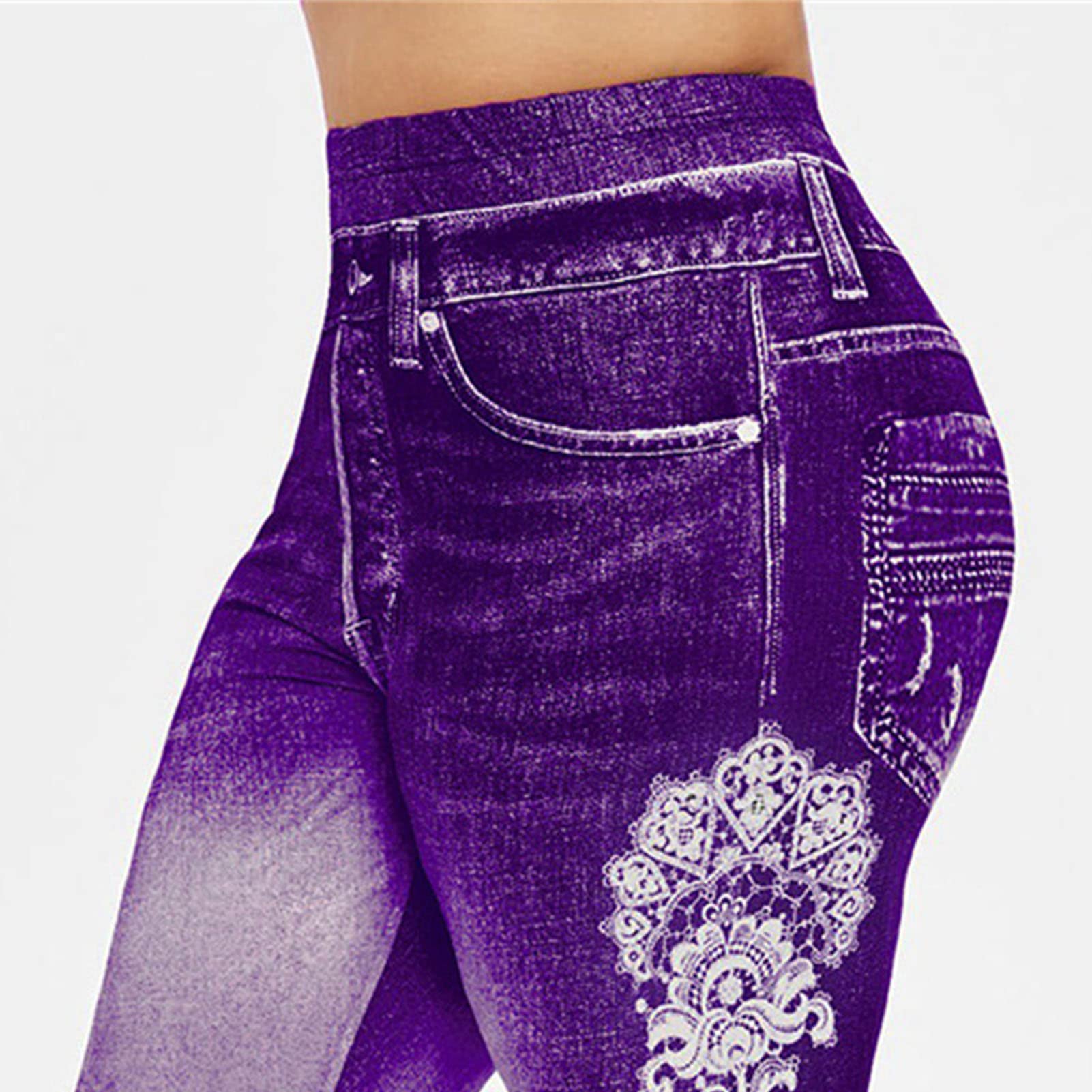 Women High Waisted Jeans Leggings Skinny Print Printed Denim Yoga Pants Running Gym Stretch Workout Trousers (Purple,5X-Large)