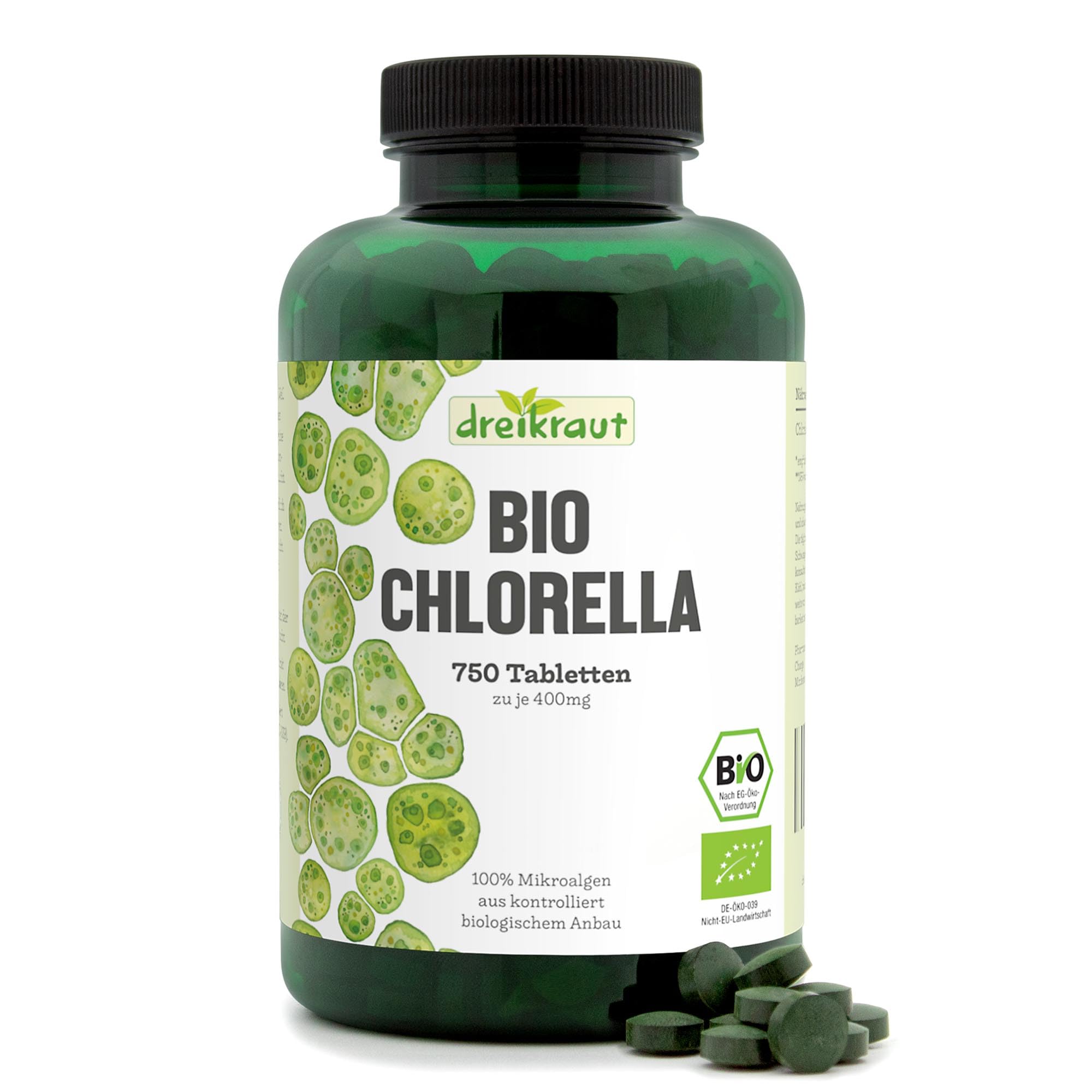 Chlorella BIO von dreikraut | 750 Presslinge a 400mg | 100% Chlorella-Algen | frei von Zusätzen