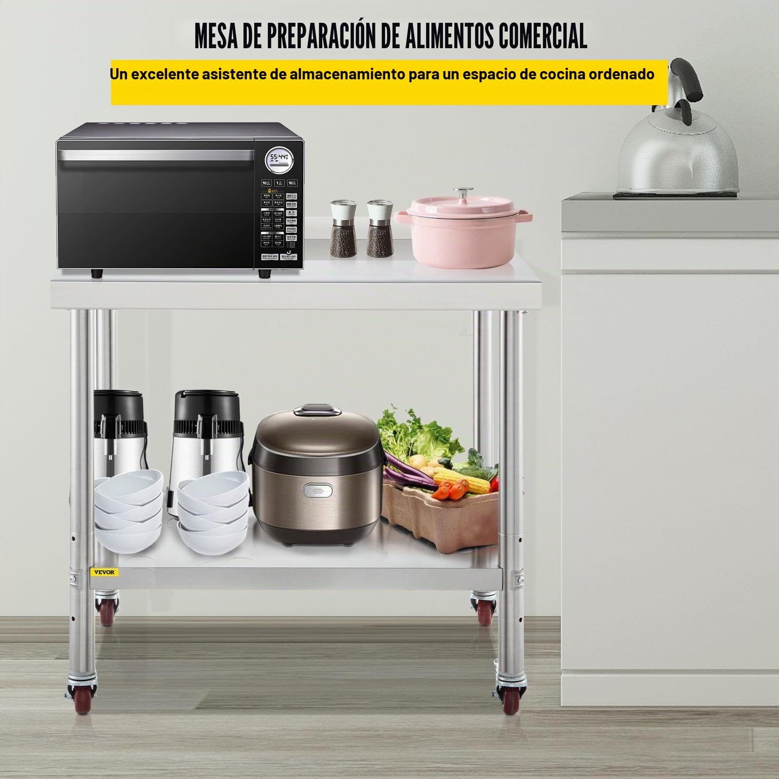 VEVOR Mesa de preparación de Acero Inoxidable, 30 x 24 x 35 Pulgadas, Capacidad de Carga de 440 Libras, Mesa de Trabajo de Metal Resistente con Estante Inferior Ajustable y 4 Ruedas, estación de