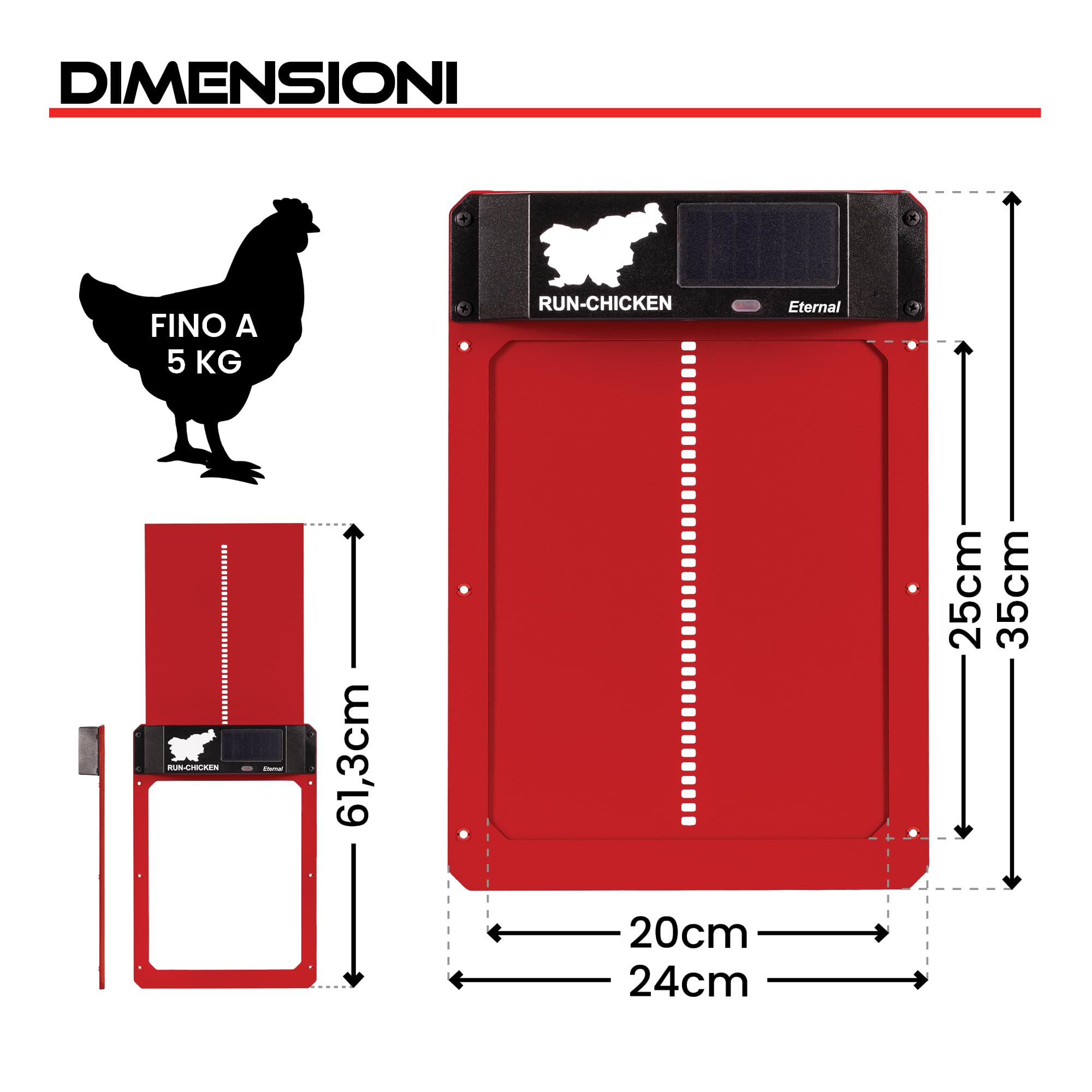 RUN-CHICKEN Porta (rosso) solare per pollaio, alimentato a batteria, porta automatica per pollaio, porta elettrica programmabile con timer, sensore di luce, alimentazione solare, Eternal
