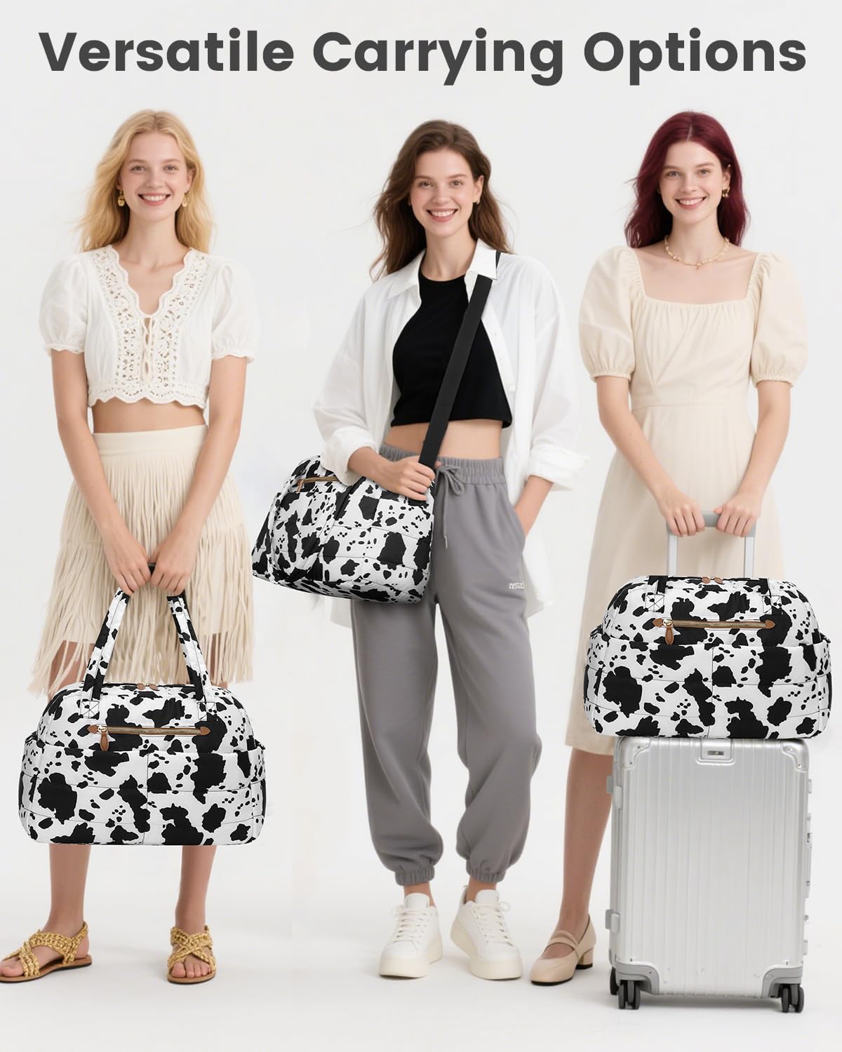 Travel Duffle Bag,Puffer Carry On Duffel Bag with Laptop Compartment Waterproof Overnight Weekender Bags for Women Large Hospital Tote Bags for Labor and Delivery(Medium,Cow Print) - Image 2