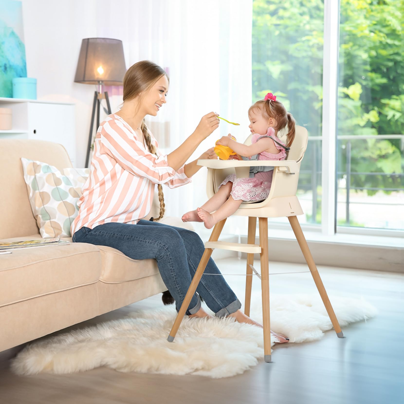 Seggiolone Pappa 6 in 1 Convertibile in Rialzo Sedia Bambino con Gambe in Legno, Cintura 5 Punti, Vassoio Rimovibile, Beige