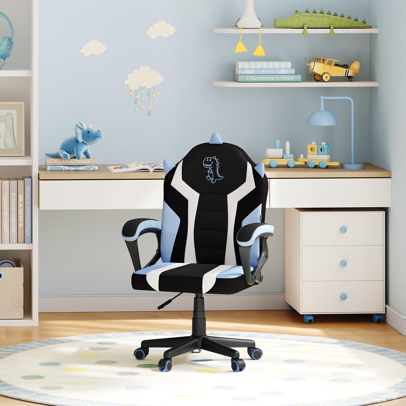 WOLTU Silla Gaming Infantil, Silla Escritorio Ergonómica con Respaldo y Reposabrazos, Sillón de Estudio para Habitación Infantil, con Ruedas Sustituidas, Tela de Malla, Dinosaurio Azul