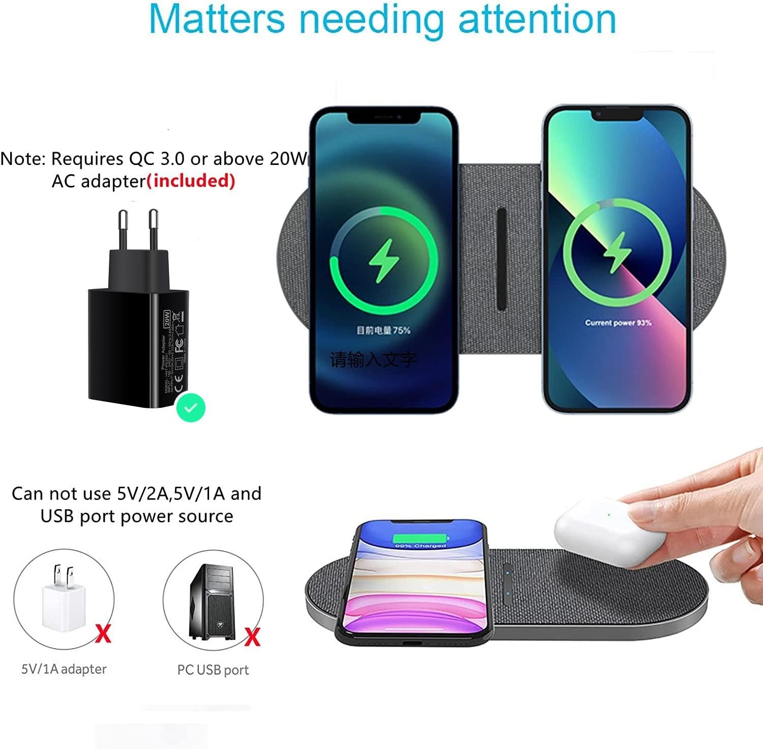 Cargador de inducción doble 20W Cargador inalámbrico 2 en 1 con adaptador