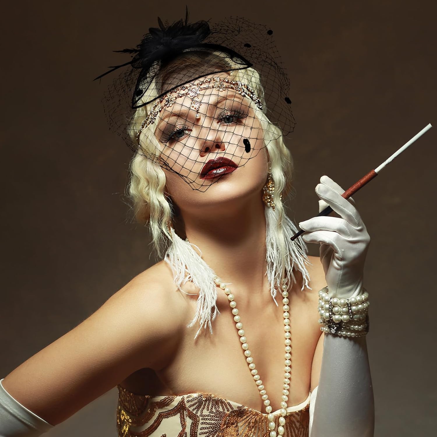 Geyoga 3 Pcs Fascinators Hats for Women The First Communion Hats Flapper Headpiece Mesh Veil Pearl Headdress - Image 5