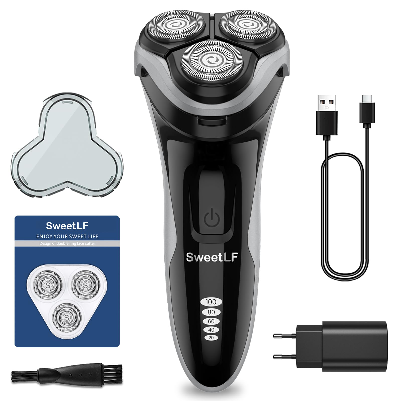 SweetLF Rasoir électrique pour homme avec tondeuse de précision, rasoir rotatif IPX7 pour homme - Rasoir humide et sec avec 1 chargeur + 3 lames supplémentaires - Rasoir étanche pour homme électrique