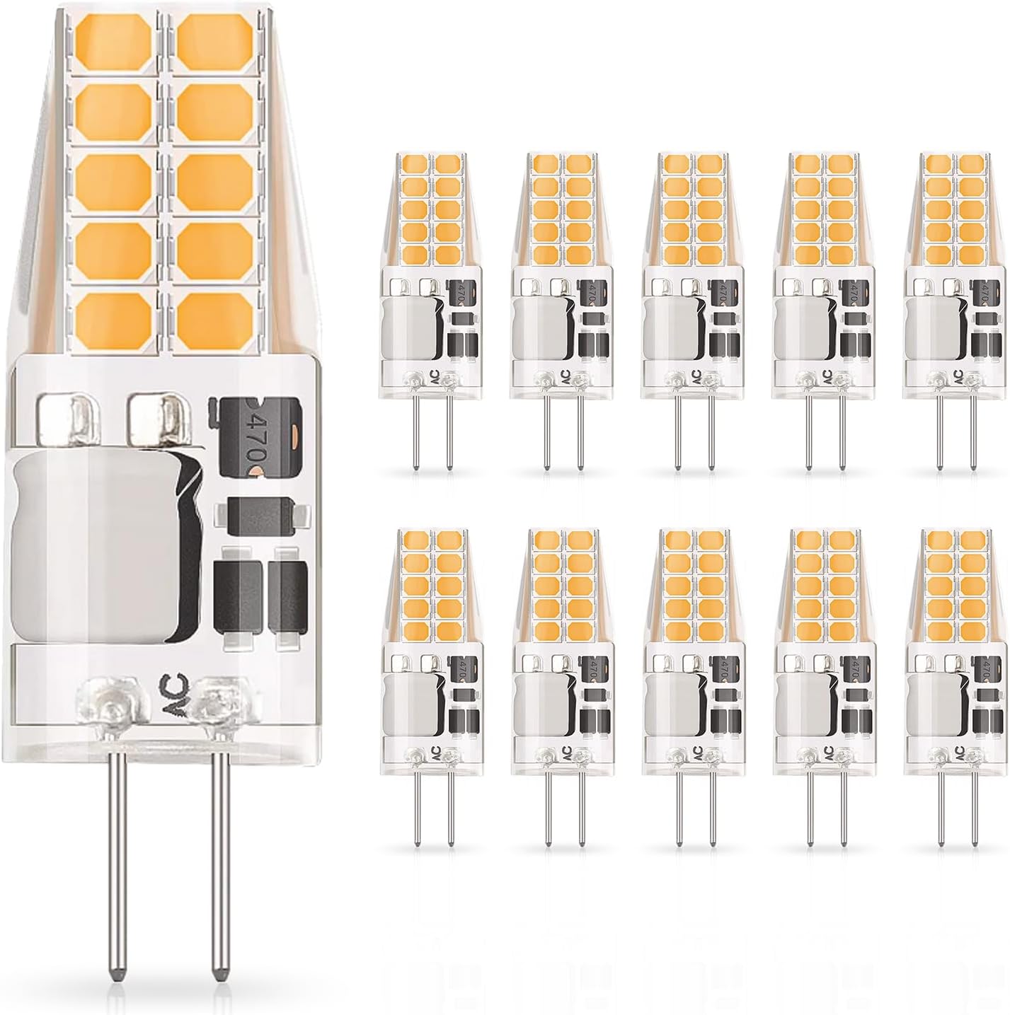 3W G4 LED Bulb AC/DC 12V, Equivalent 20W 30W Halogen Bulb Replacement, 3000K Warm White, T3 JC G4 Bi-Pin Base Small Light Bulb for Home Lighting, Landscape Lights, Non-dimmable,10 Pack