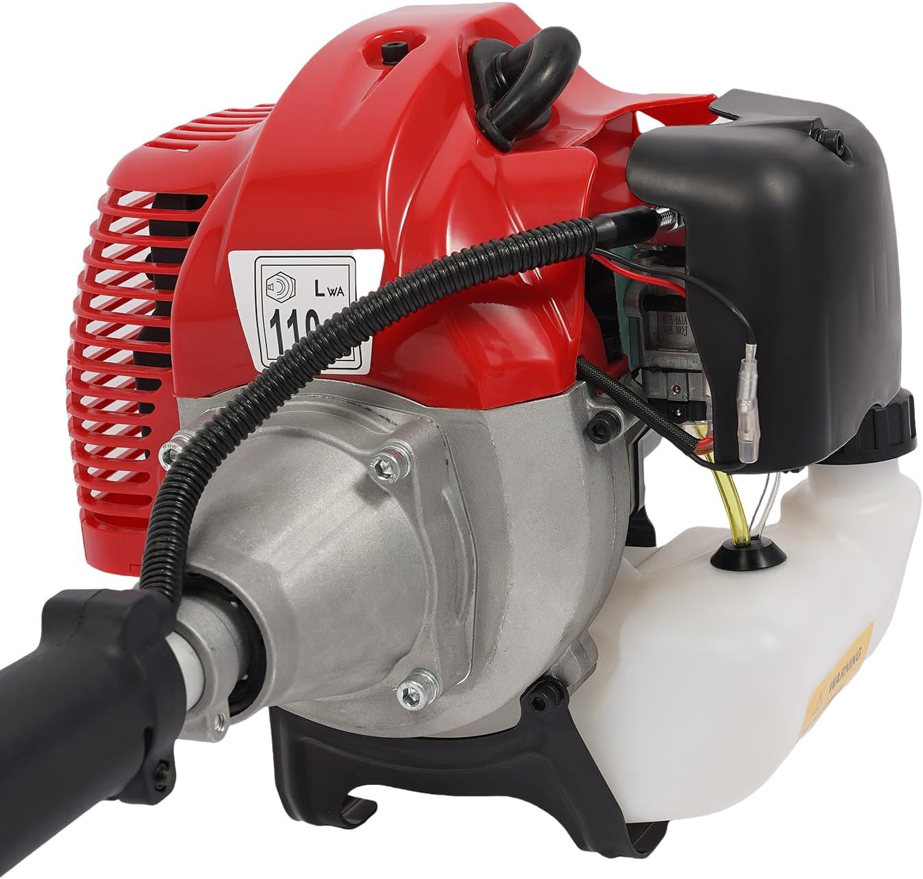 Akaiky view of the 43cc engine unit, showing the fuel tank and engine components.