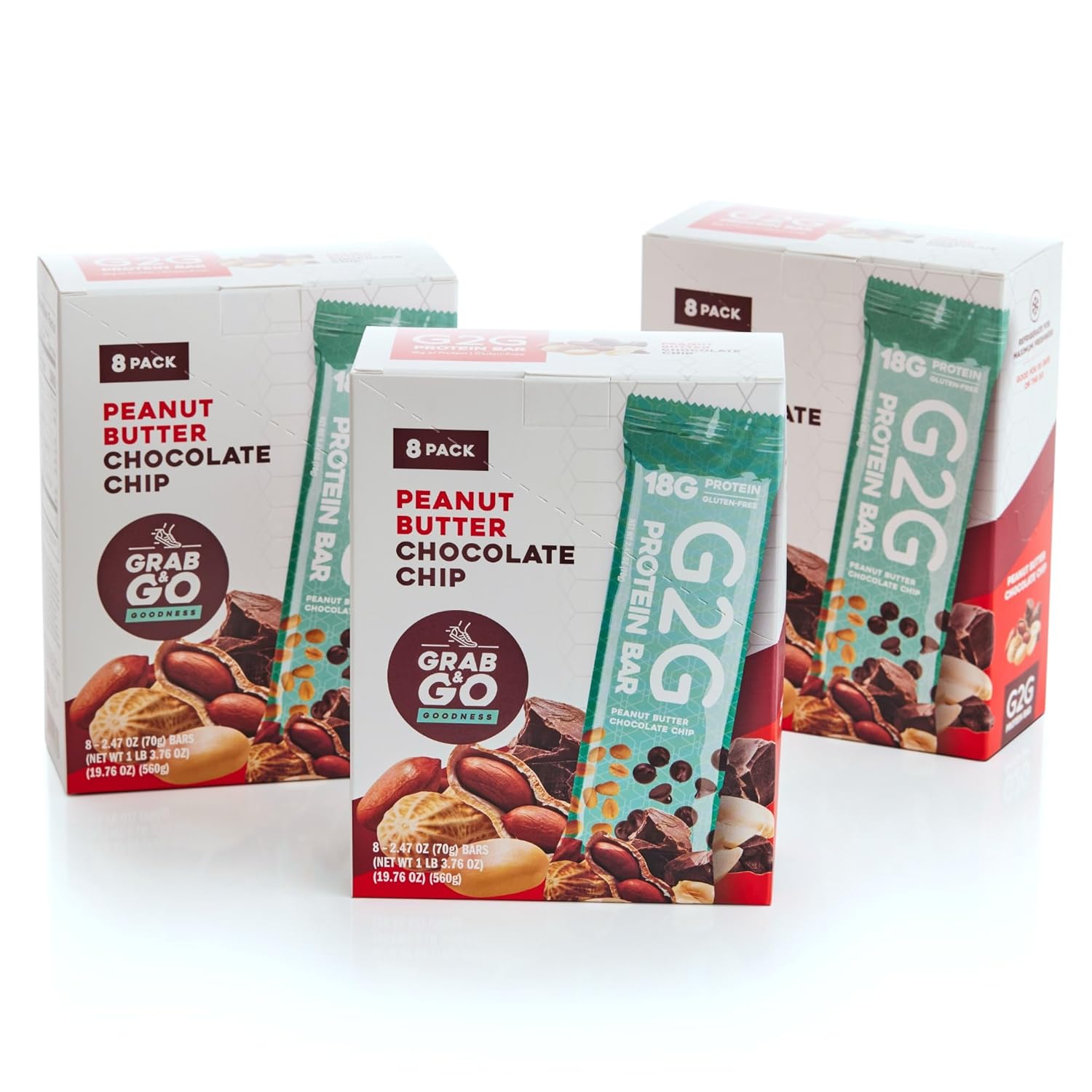 G2G Protein Bar, Peanut Butter Chocolate Chip, Real Food, Refrigerated for Freshness, Healthy Snack, Delicious Meal Replacement, Gluten-Free, 32 Count (4 Packs of 8)