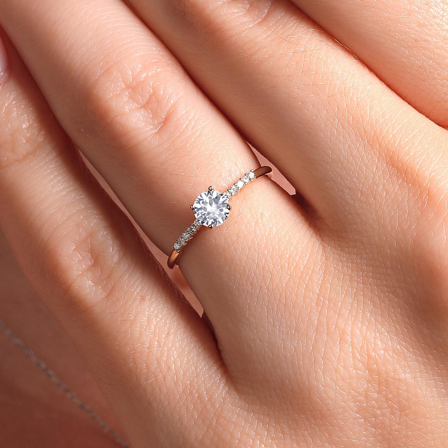 Gem Stone King 10K Yellow Gold White Created Sapphire and Lab Grown Diamond Engagement Ring For Women | 0.30 Cttw | Round 4MM | Gemstone September Birthstone | Available in Size 5, 6, 7, 8, 9