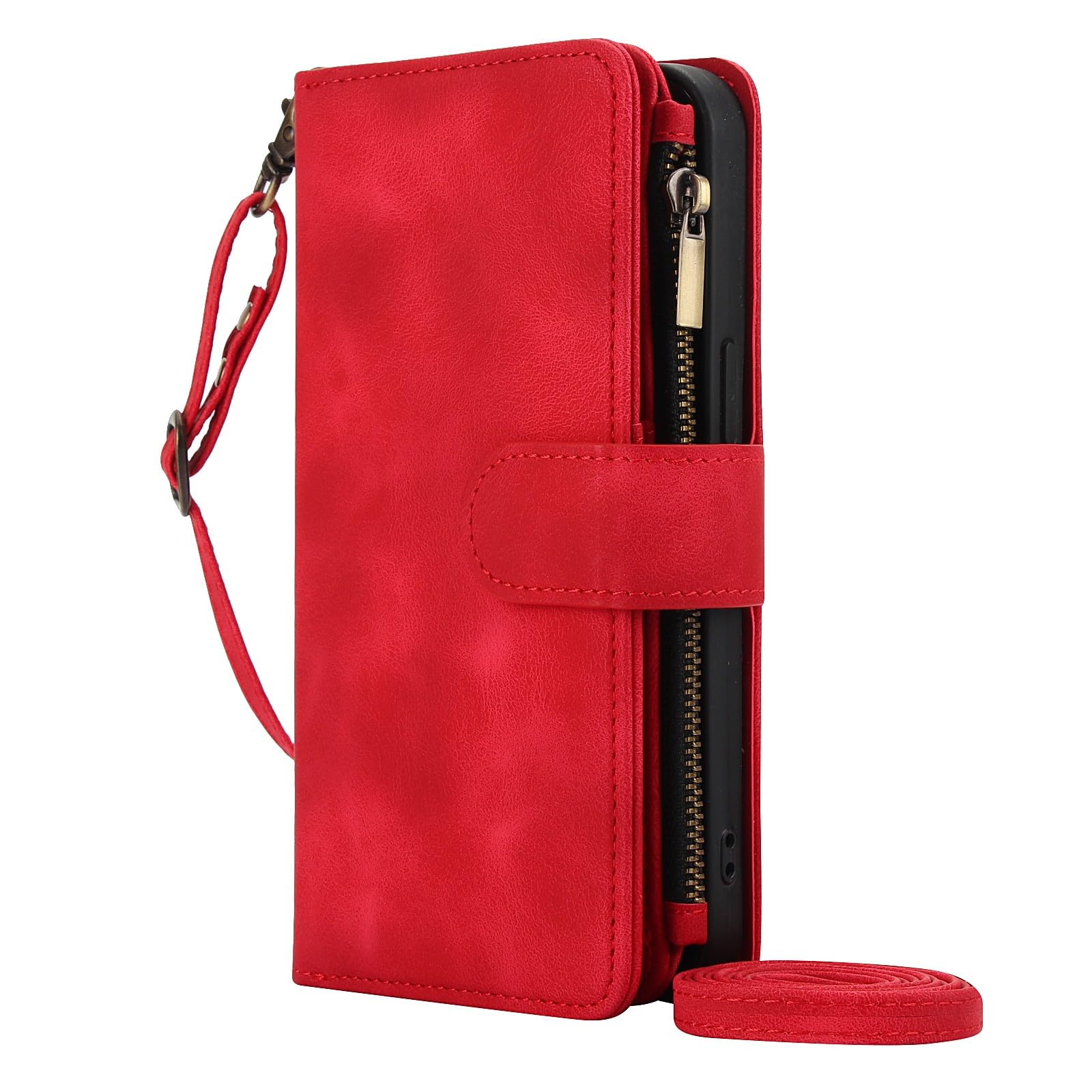 Generic Compatible con Google Pixel 7 (color rojo) Funda tipo cartera retro de piel con cremallera y correa para el hombro