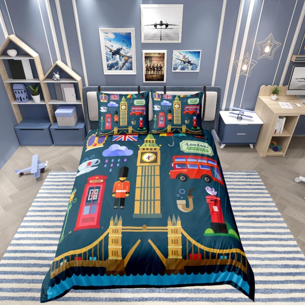 Famous The Big Ben Symbols Duvet Cover Telephone Booth Cityscape Bedding Set Retro UK Themed Comforter Cover for Teens Adults Modern City Building Famous City Scene Room Decor Double Size