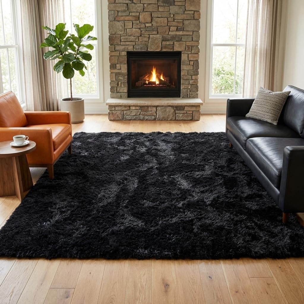 Mugorn Black Area Rugs 9x12 Living Room, Large Fluffy Rugs for Bedroom, Soft Carpet Shag Kids Room Rug, Non-Slip Fuzzy Rugs Indoor (9ft x 12ft, Black)
