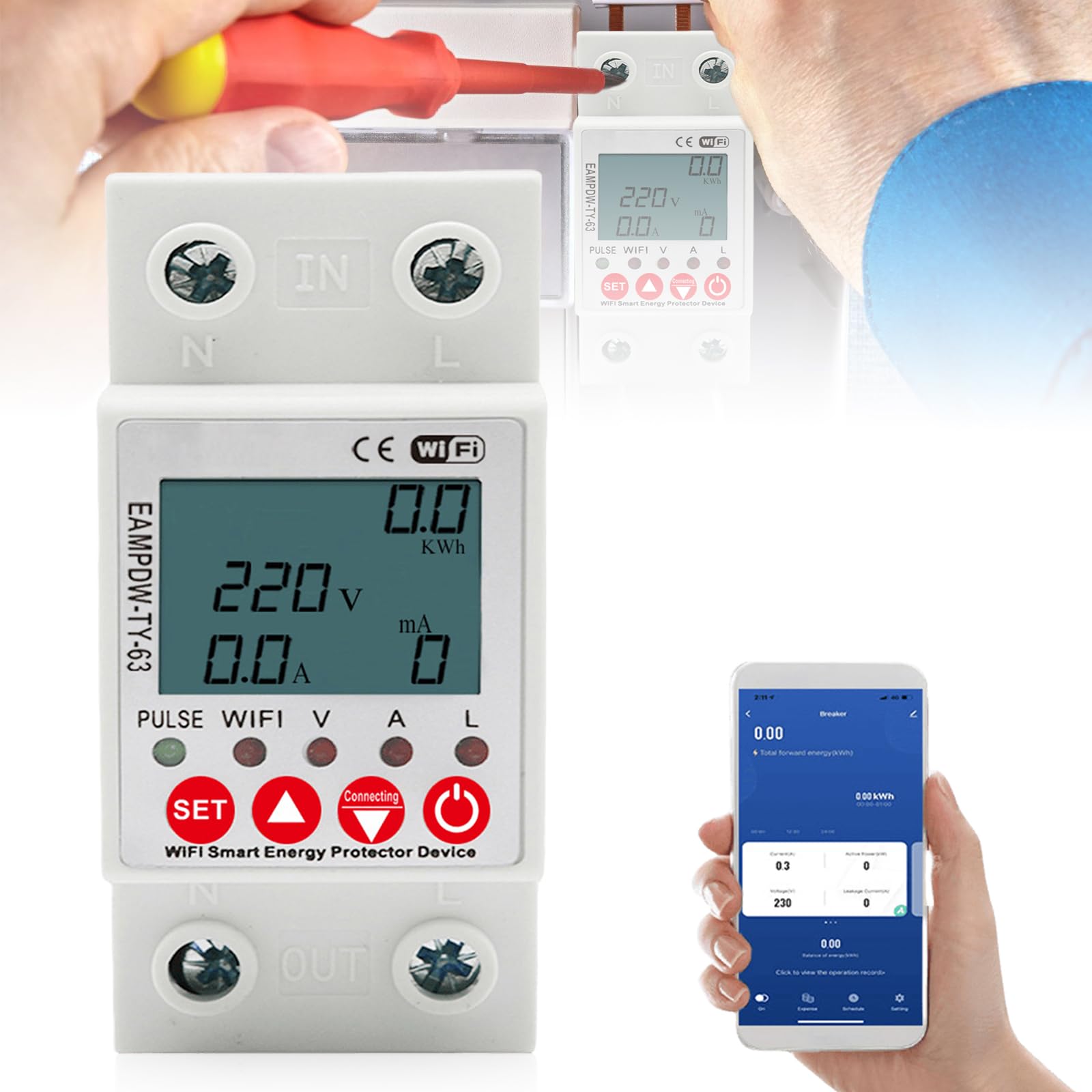 Contatore Di Corrente WiFi Intelligente 1 Fase - Misuratore Di Energia 63A 230Vac Con Telecomando