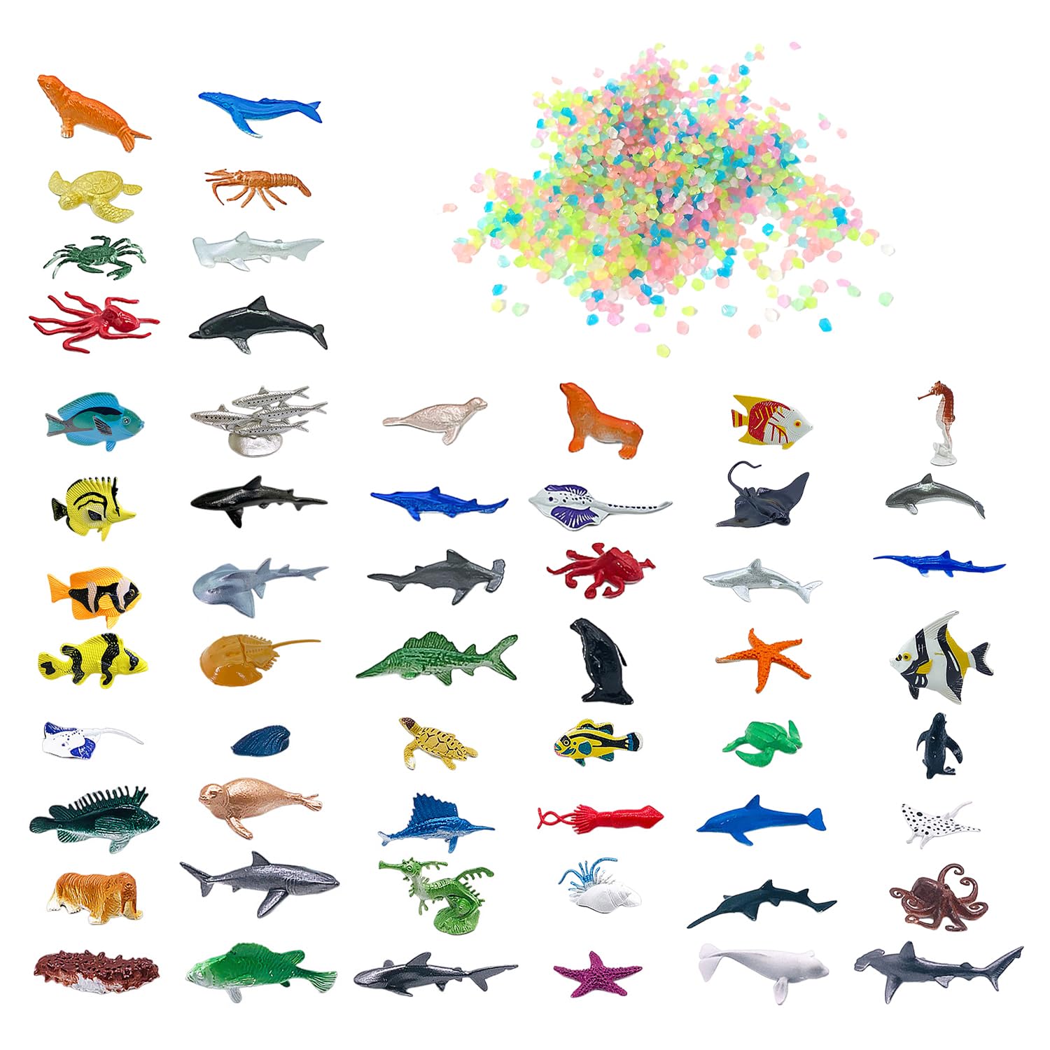 GDFHBD 56 Pieces Of Marine Life Toys, 500 Luminous Stones, Mini Shark Models, Fish Tank Decoration Supplies, Children'S Bathing Toys