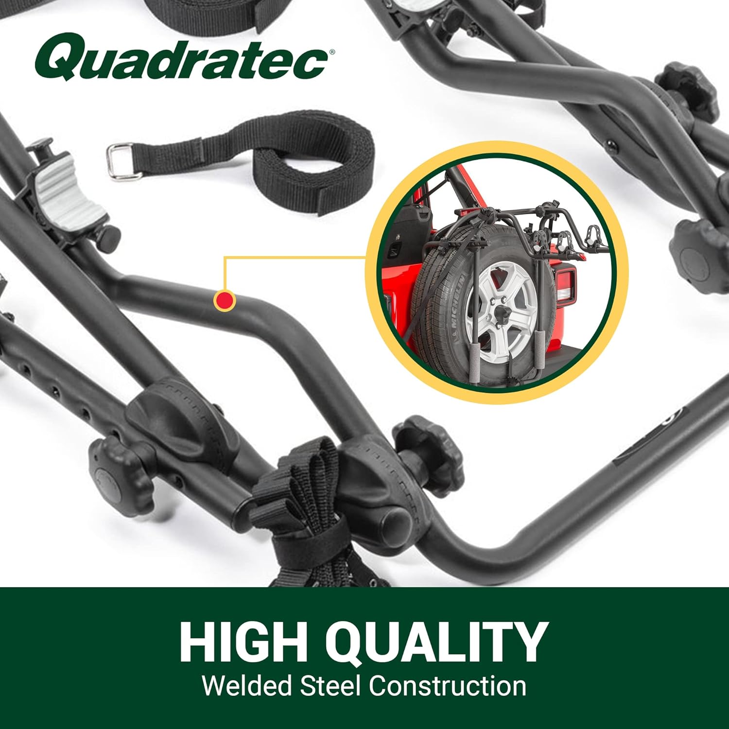 Quadratec 2-Bike Spare Tire Mount Bike Rack - Fits Jeep Wrangler 2018-2022 JL and YJ TJ JK 1987-2018 - Adjustable Rack Fits Oversized Tires up to 37" x 12.5" - Compatible with Backup Camera on JL