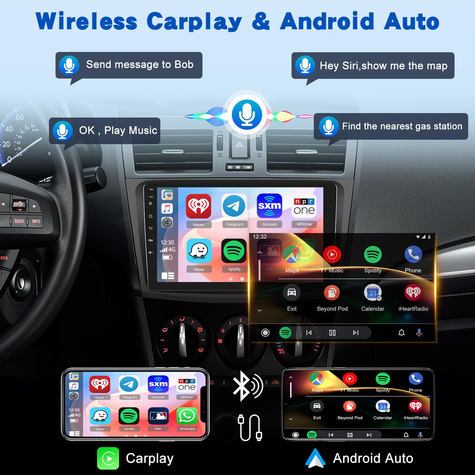 2G+64G Android Autoradio für Mazda 3 2009-2013, 9-Zoll-Touchscreen-Radio mit Kabellosem Carplay & Android Auto/WiFi/GPS/Bluetooth4.0/EQ/FM RDS Radio+Rückfahrkamera +Mikrofon