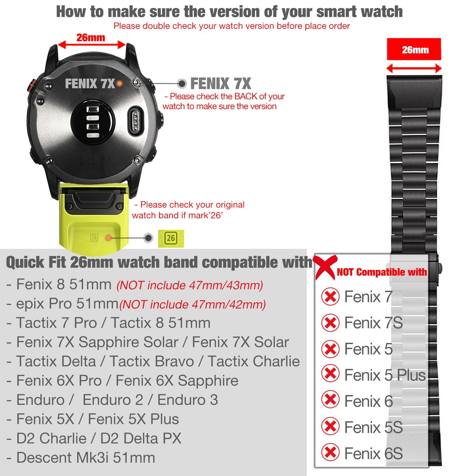 YOOSIDE für Fenix 7X / Fenix 6X / Fenix 5X / Enduro Titan Armband, QuickFit 26mm Verstellbares Metall armband mit Edelstahlschnalle für Garmin Fenix 6X Pro/Sapphire/Solar,Fenix 3,Schwarz