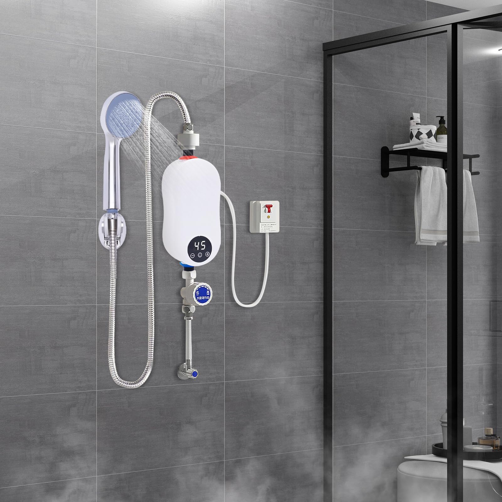 Waterverwarmer 25-55 °C, 5500 W, boiler met led-display, thermostaatfunctie en douchekop, IPX5 doorstroomboiler voor keukens, badkamers, restaurants, hotels Waterverwarmer 25-55 °C, 5500 W, boiler met led-display, thermostaatfunctie en douchekop, IPX5 doorstroomboiler voor keukens, badkamers, restaurants, hotels