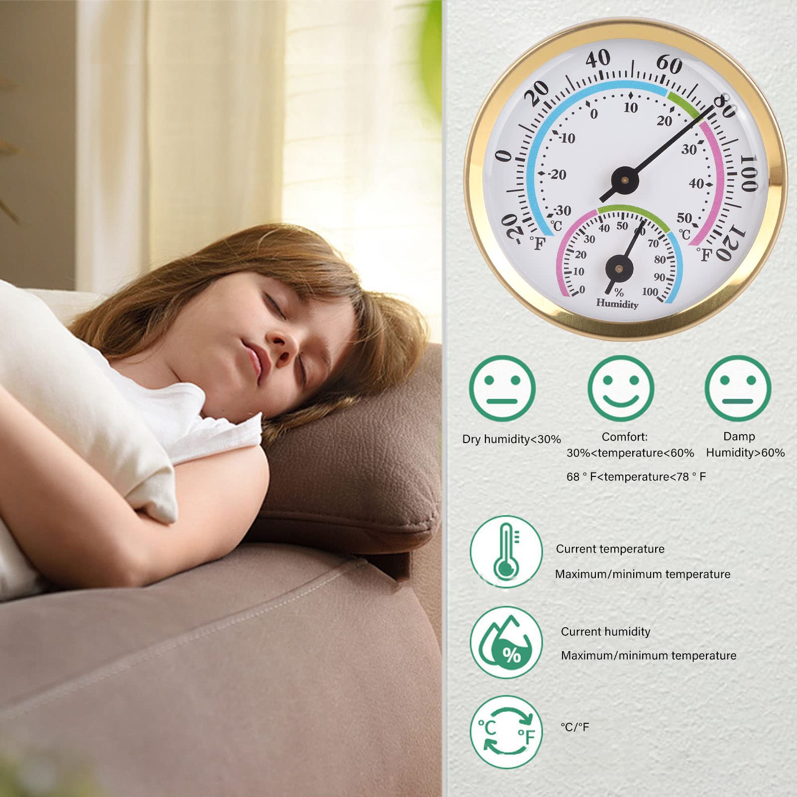OUKENS Mini Pointer Type Thermometer Hygrometer, Indoor Temperature Humidity Meter Monitor Gauge,Humidity Gauge Indicator Temperature Humidity Monitor (TH103C Gold Shell)