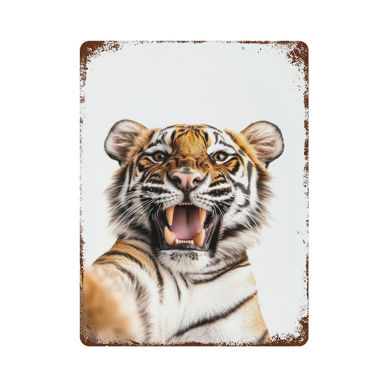 Aged Metal Wall Plaque with Tiger Selfie Design 15.7"x11.8", for Farmhouse, Kitchen And Entryway Decor, Retro Wall Decor