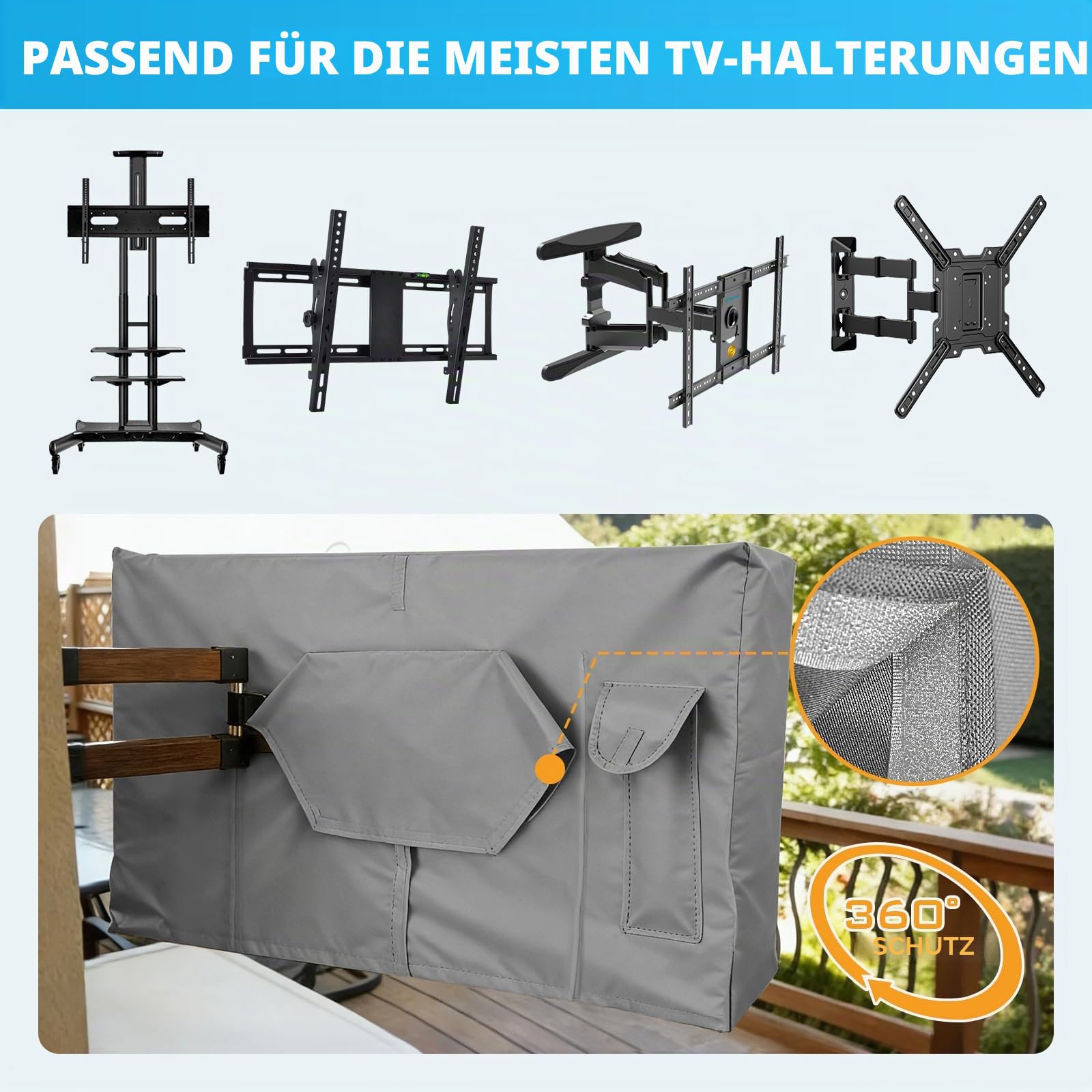 Outdoor TV Abdeckung 40-43 Zoll mit Bodendichtung, 600D wetterfeste TV Displayschutzfolie mit wasserdichtem Reißverschluss, untere Abdeckung passt für die meisten Flachbildfernseher, Halterungen