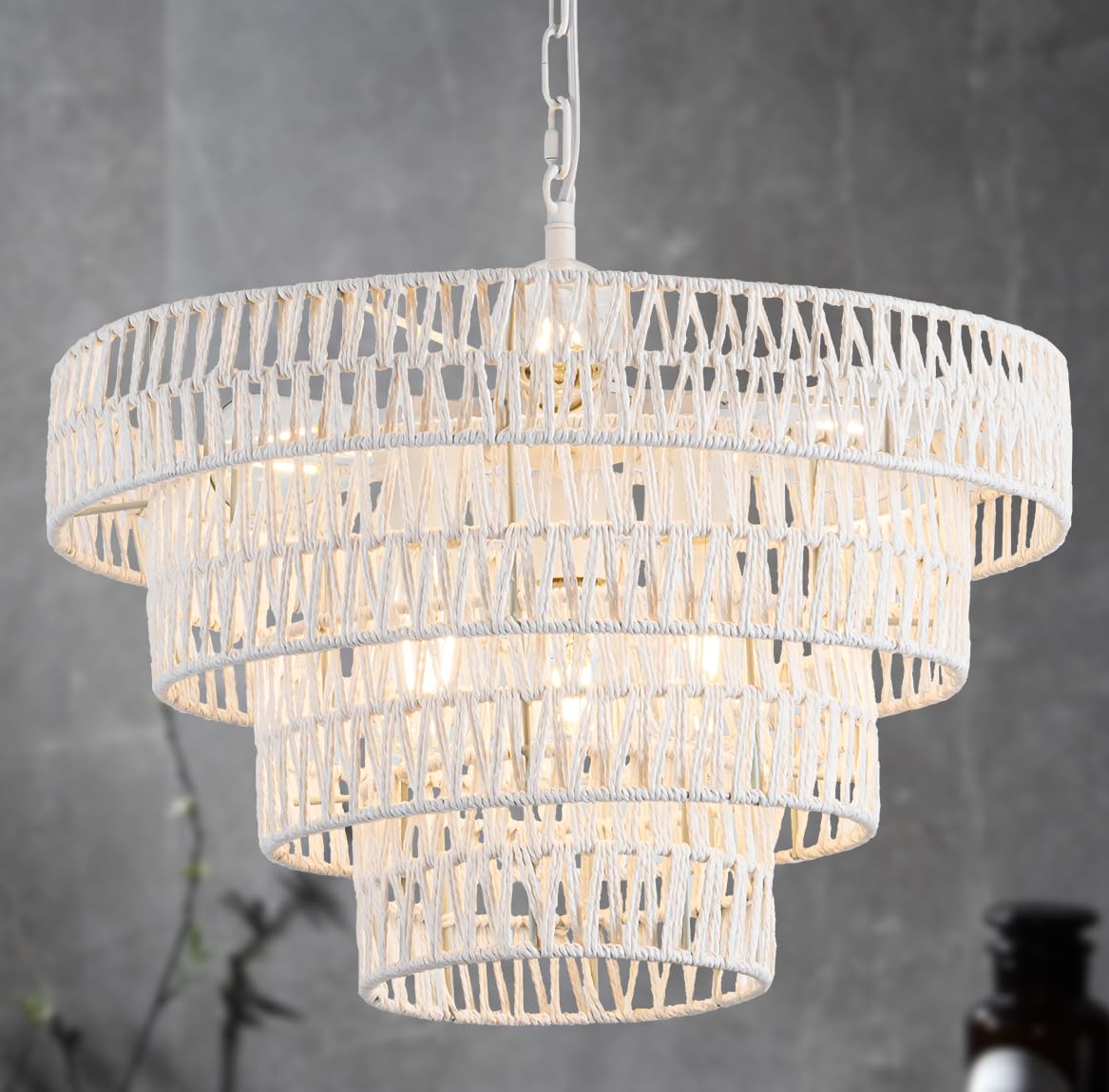 6 Lights Boho Chandelier, 20" Large Rattan Pendant Lights, Height Adjustable Hand Woven Rustic Farmhouse Ceiling Hanging Lamp for Kitchen Island Dining Room Living Room Hallway, 4 tier, White