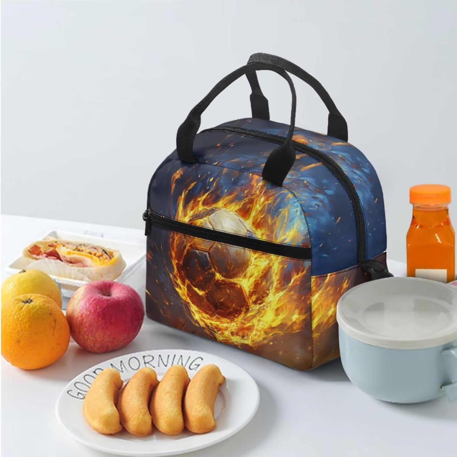 Rnyleeg Fire Soccer Backpack for Boys 6-8 Cool School Backpack with Lunch Box 3 Pcs Bookbag Set for Elementary Students Back to School Gifts for Kids