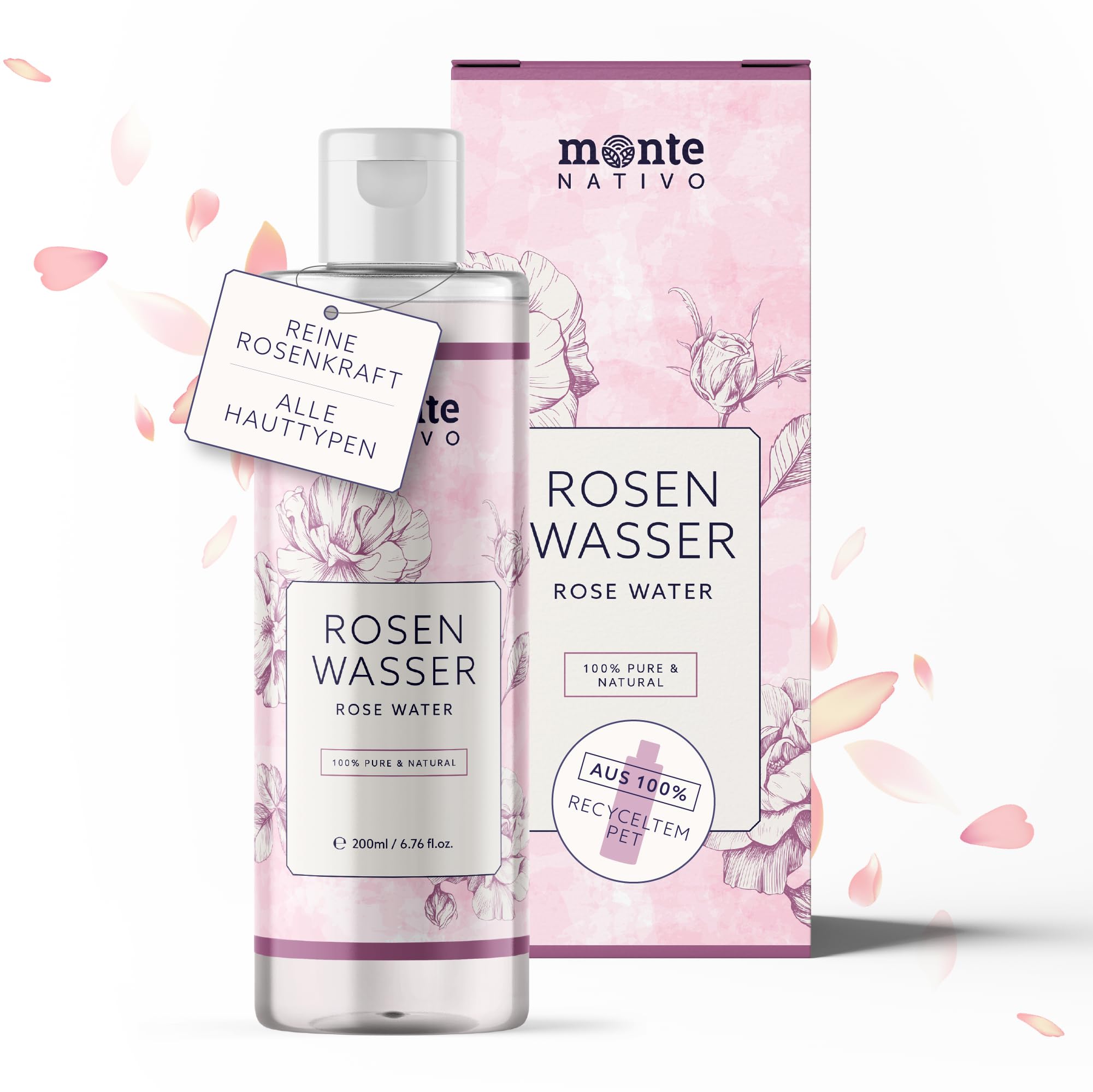 Rosenwasser Gesichtswasser 200ml Monte Nativo (200ml) - Rose water for face 100% Natürliche Gesichtspflege - Gesichtstoner - Gesichtsreinigung - Porenreiniger Gesicht - Anti Pickel Naturkosmetik