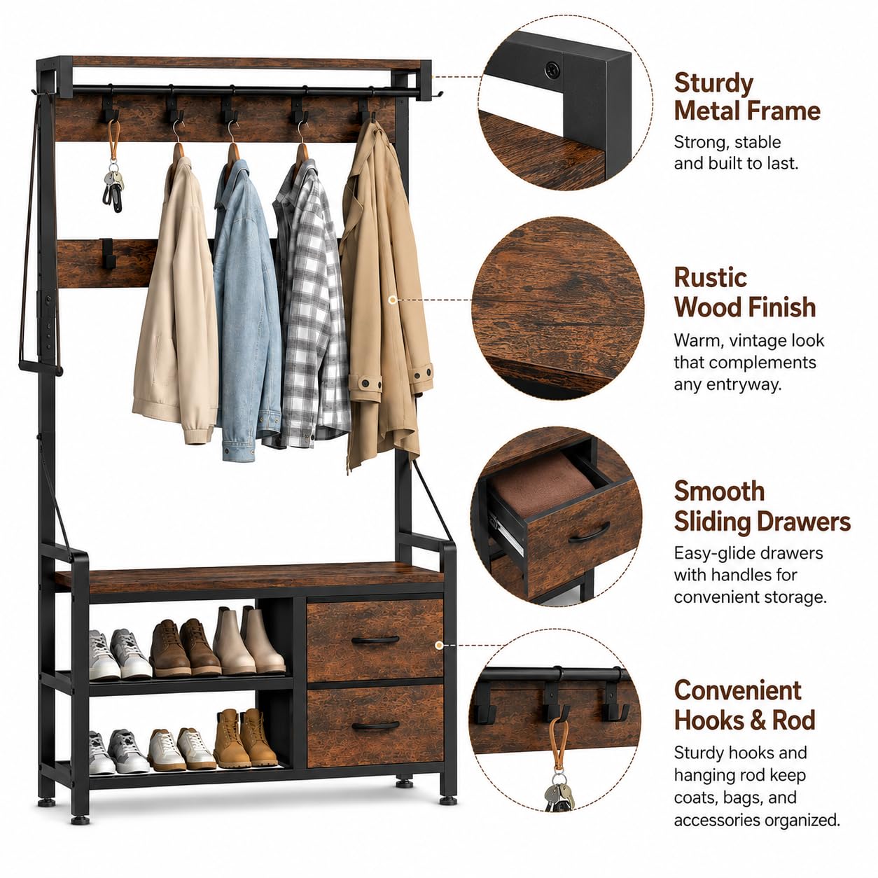 Garderobenständer, Flurgarderobe mit Schuhbank, Garderobe, Schuhaufbewahrung, 2 Schubladen, 17 Haken, Industrie-Design Garderobe mit Sitzbank für Flur, Wohnzimmer 30 x 80 x 180 cm