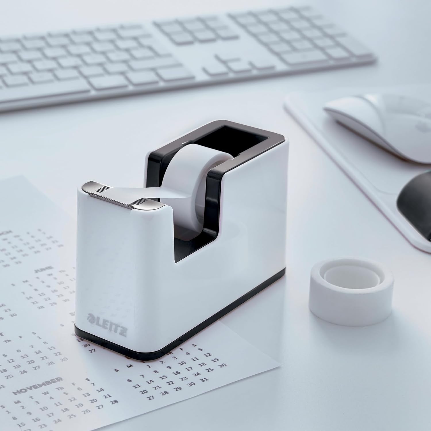 Leitz Tape Dispenser, Heavy Base with Tape, Wow Range, Pearl White/Black