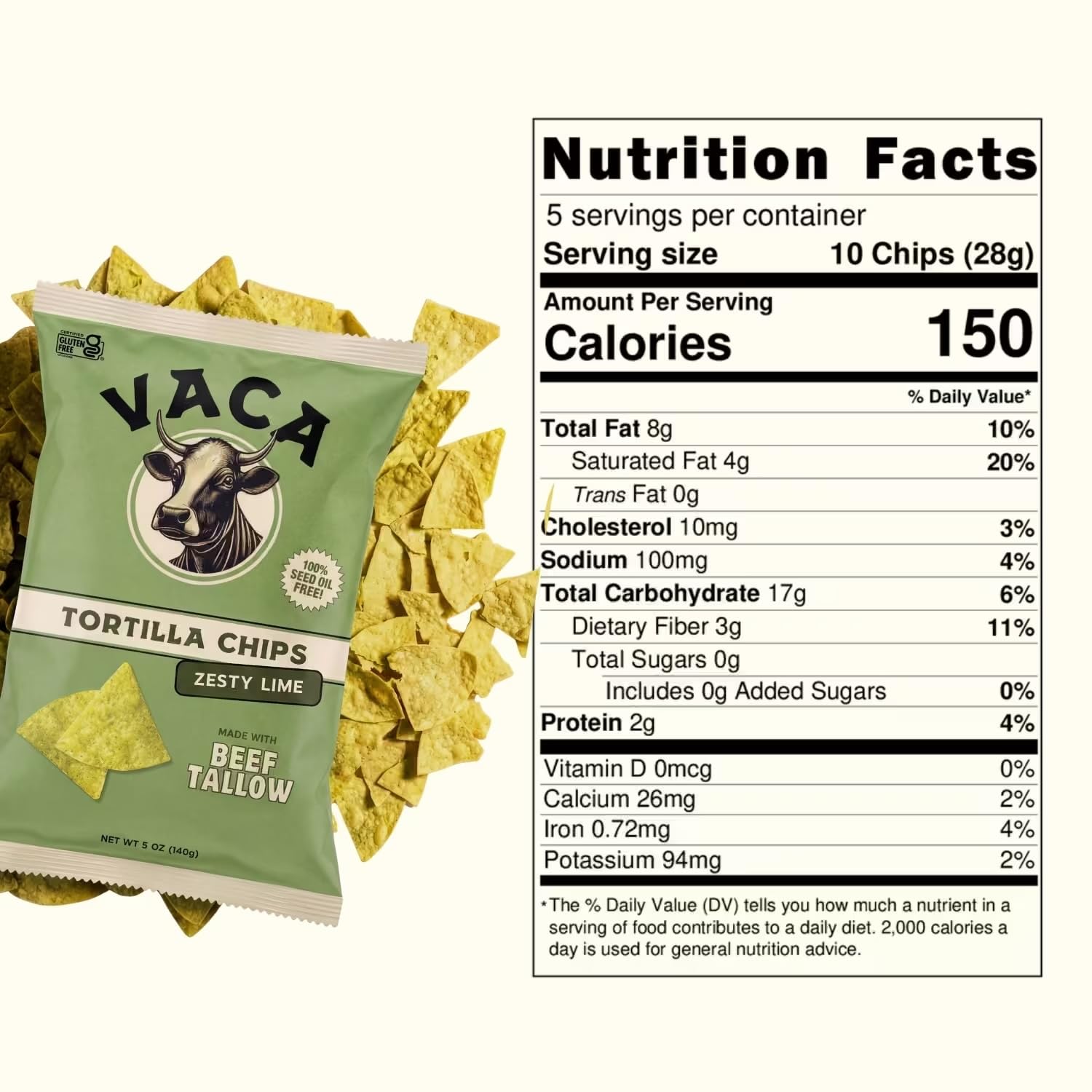Vaca Chips Beef Tallow Tortilla Chips Variety Pack (Original, Classic Ranch, Zesty Lime, Cowboy Queso, & Sweet & Spicy) – Seed Oil Free, Fried in Beef Tallow, Made with Organic Corn, 6 Pack (5 oz Bags)