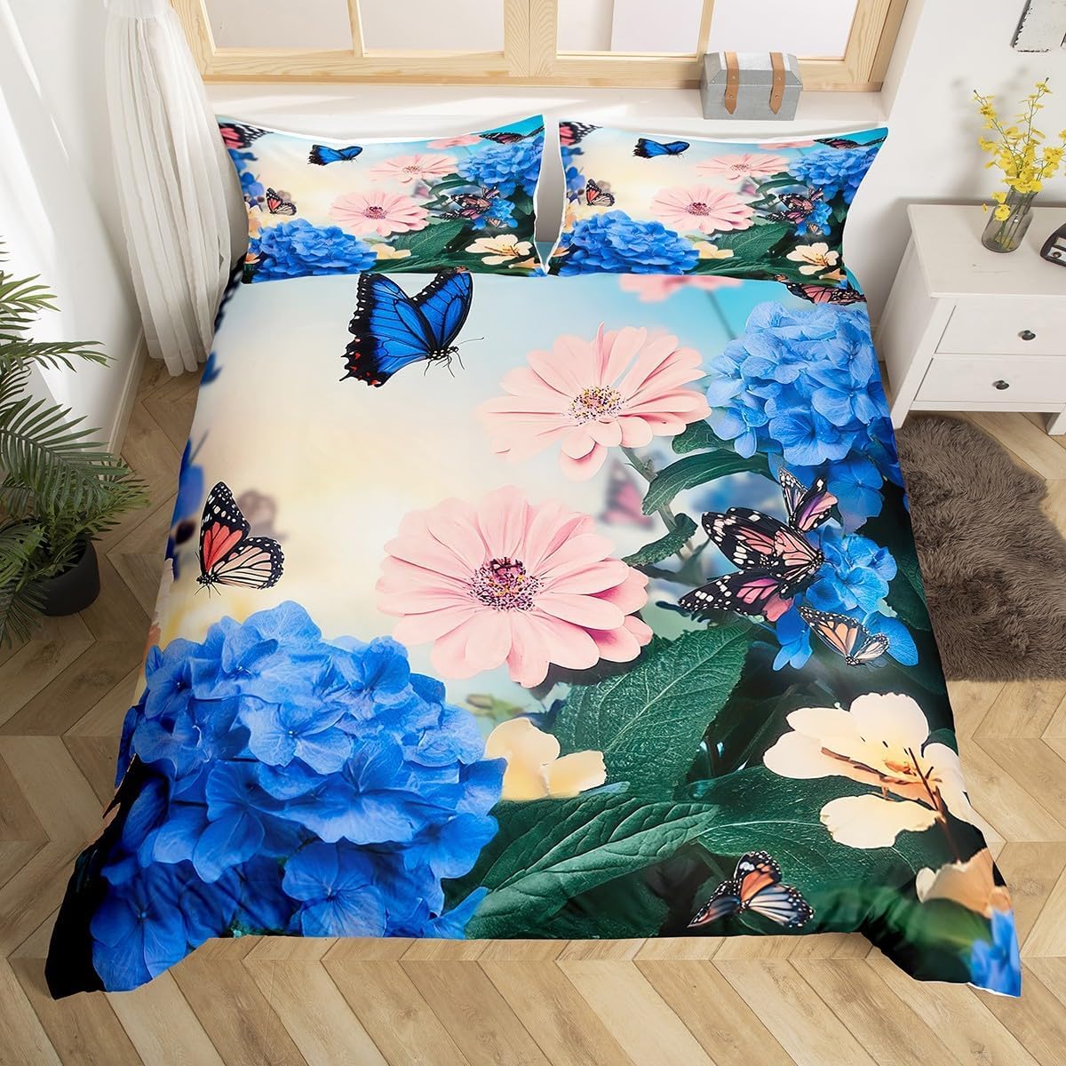 Housses couettes 140x200 cm papillon et 2 taies d'oreiller 65x65 cm pour lit 1 personne
