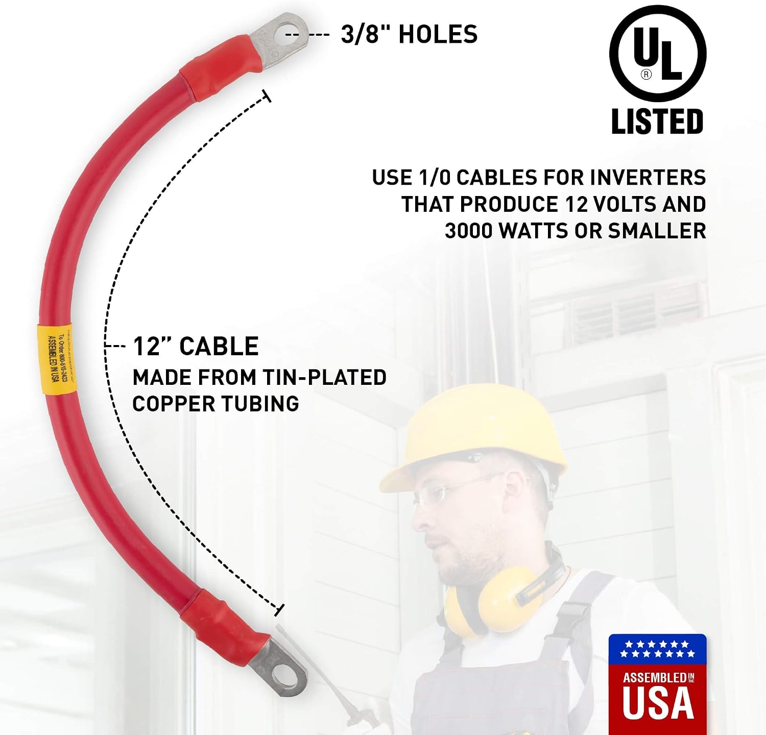 Exell Battery 1/0 Interconnecting Copper Cable, 12-Inch Length with 3/8-Inch Lugs (Red)