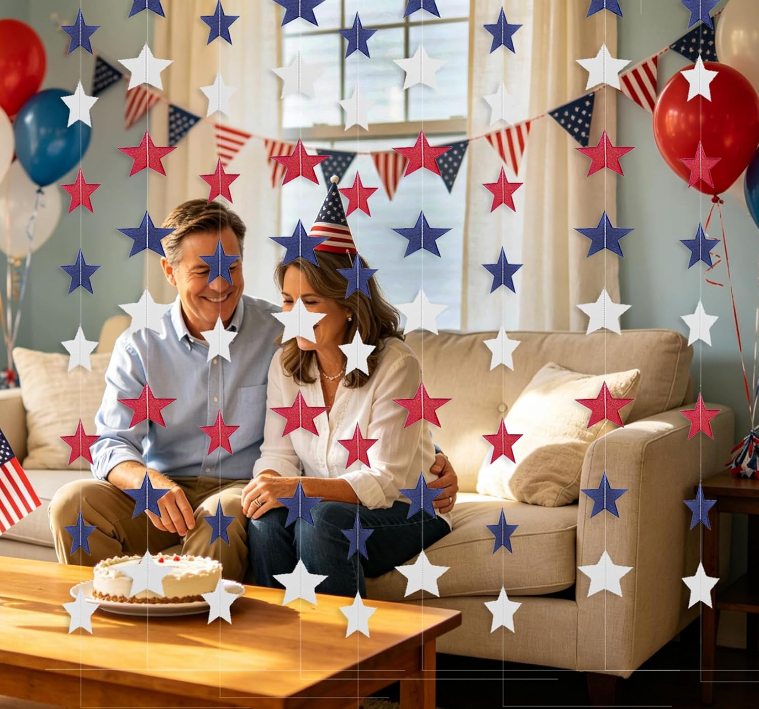 8 Pack Strands Total 52.5Ft Patriotic Star Streamers Banner- Paper Garland Banner Red White Blue Hanging Stars Decorations for 4th of July, Memorial Day, Veterans Day Party, Independence Day