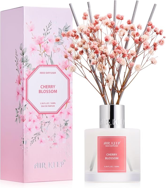 Airkeep Juego de difusores de varillas, 3,38 fl oz (100 ml) – Difusores de aceite de flor de cerezo con 8 varillas de varillas, difusor de varillas de fragancia para el hogar para decoración de estantes de baño