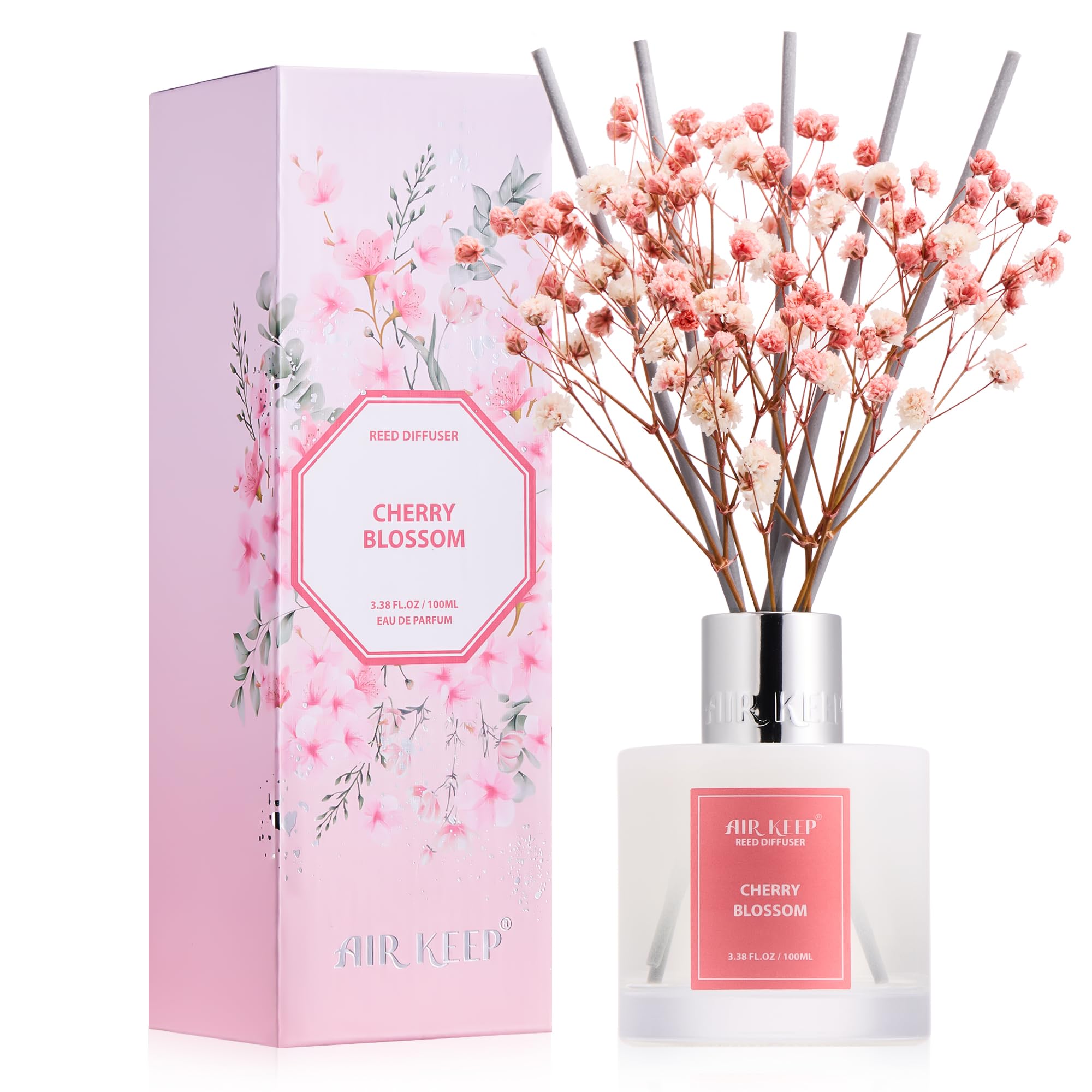 Airkeep Reed Diffuser Set,3.38 fl oz (100 ml) - Cherry Blossom Oil Diffusers with 8 Reed Sticks,Home Fragrance Reed Diffuser for Bathroom Shelf Decor