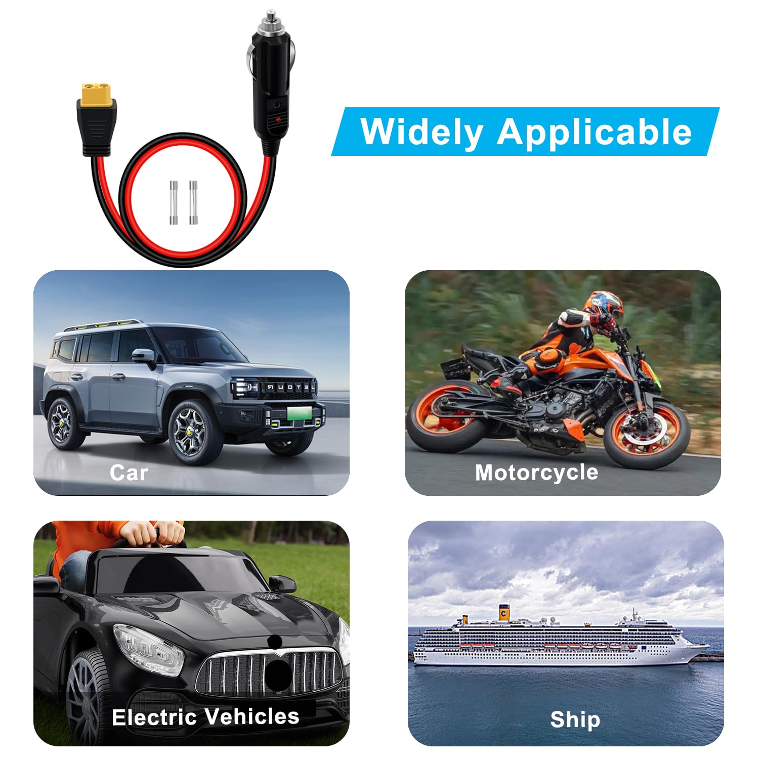 XT60 do gniazda zapalniczki 12V 24V 14AWG 20A z diodami LED 2 zapasowe bezpieczniki do samochodu, instalacji solarnej, motocykla (2 m)