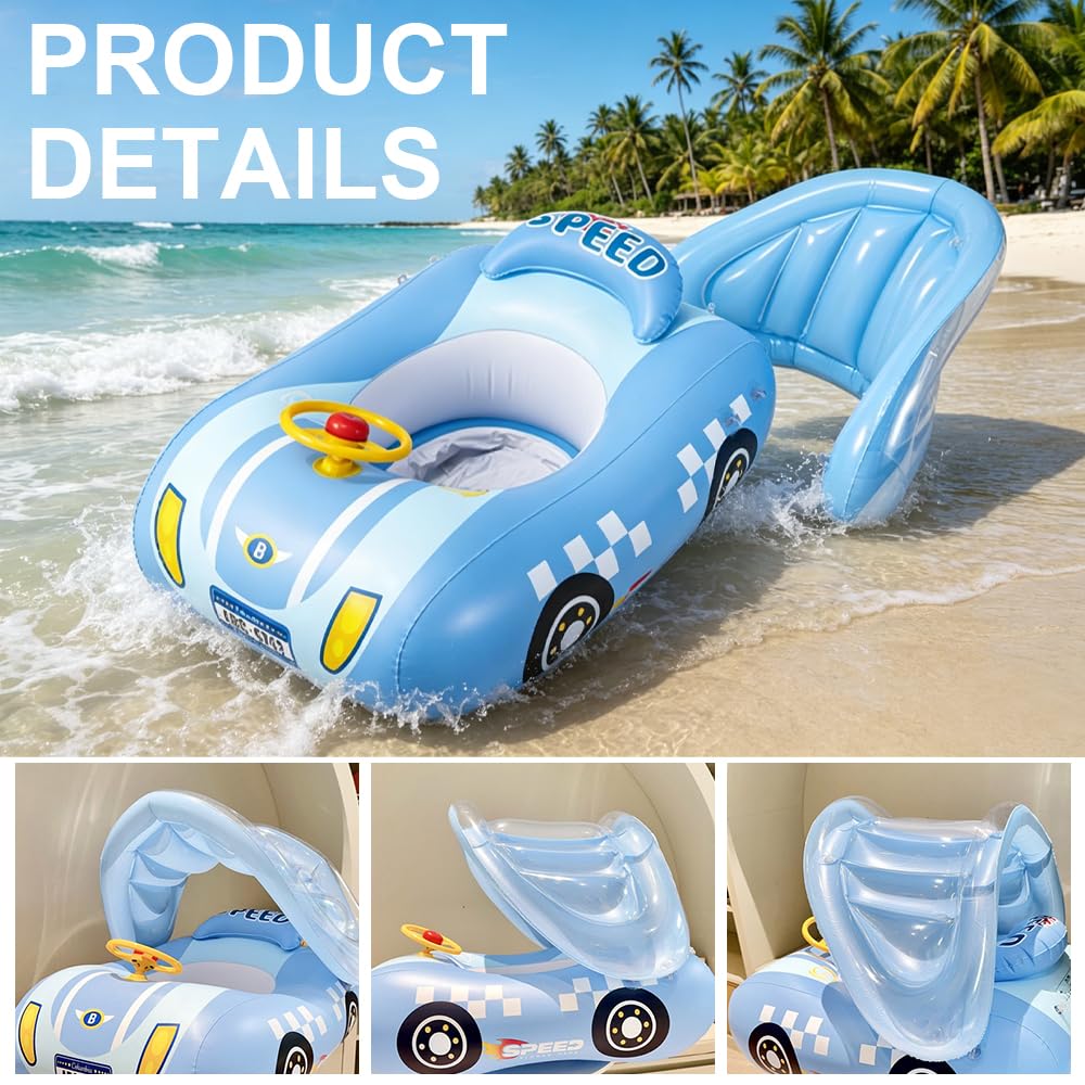 Baby Schwimmring mit Sonnendach, Schwimmring Baby mit Dach UPF50+, Sportauto mit Lenkrad, Leicht zu Transportieren, Schwimmhilfe Kinder 1-4 Jahre für Außenbereich, Strand, Garten