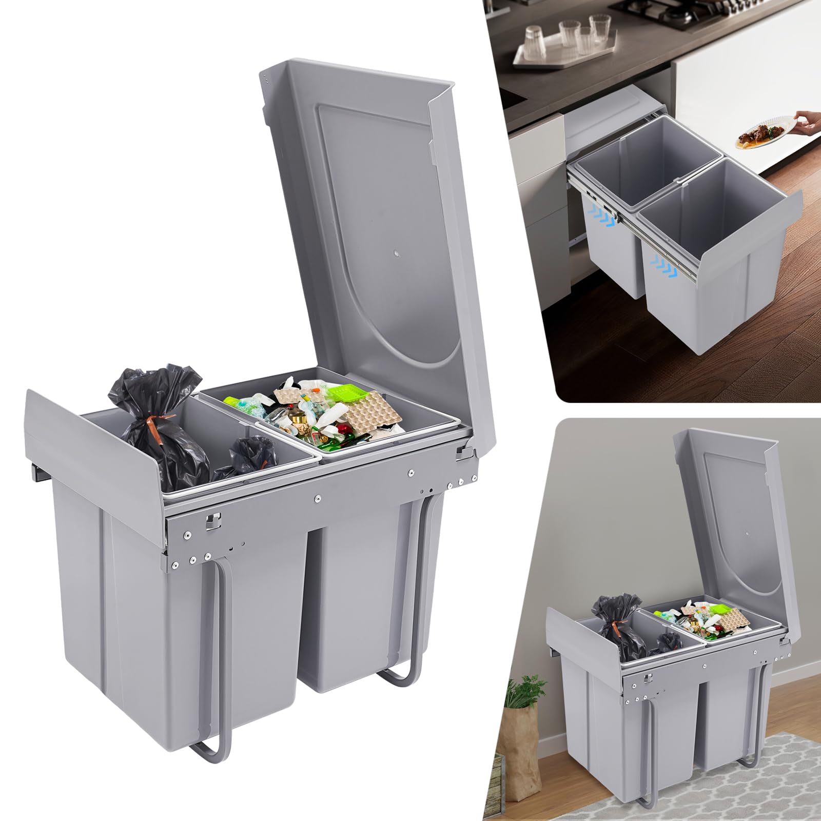 Cubo de basura de cocina, 40 L, reciclable, antideslizante, con 2 compartimentos, de separación de basura, para casas, restaurantes, cafeterías, 49 x 35 x 43 cm