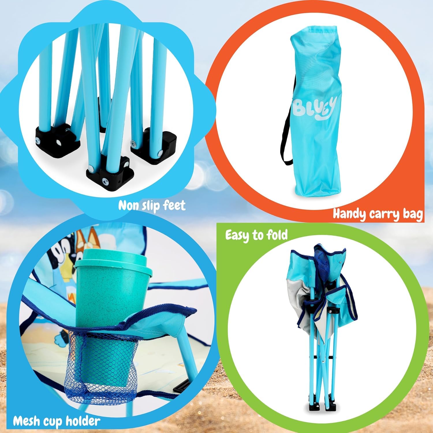 Toyland® Bluey & Bingo sedia da campeggio pieghevole per bambini con portabicchieri e borsa portaoggetti - Perfetta per gite in campeggio, spiaggia e giardino